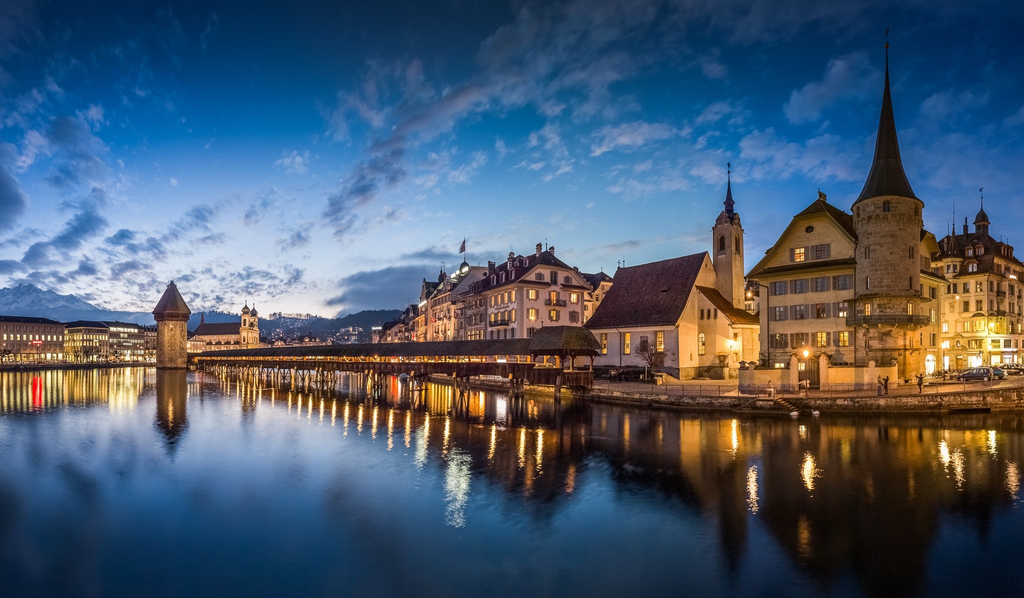 Download wallpapers, River reflection, Evening Lucerne, Chapel Bridge, 2050x1200 HD Desktop