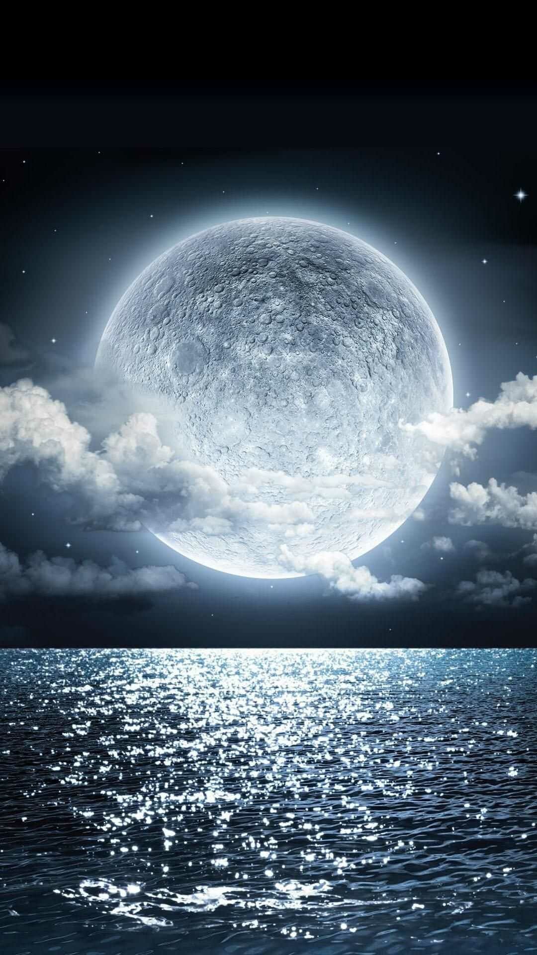 Moonlight: The broad expanse of water reflecting the moon, Nightfall. 1080x1920 Full HD Wallpaper.