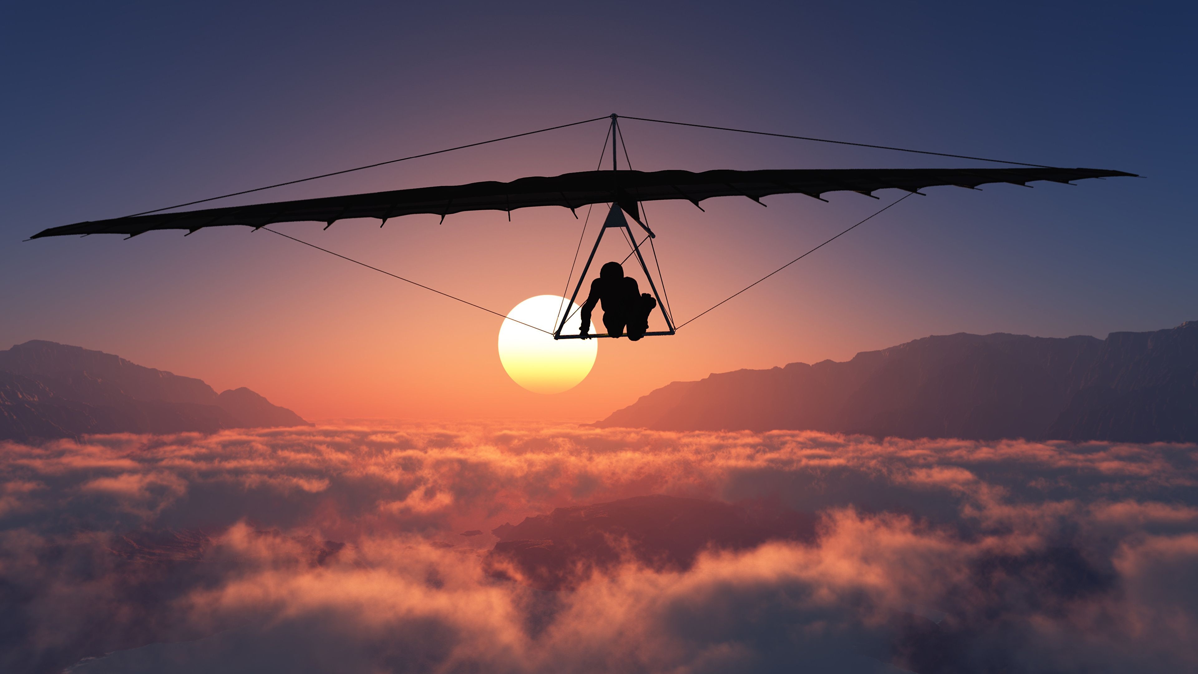 Hang Gliding: Individual hang gliding over the clouds, Sunset, Flying in the sky. 3840x2160 4K Wallpaper.