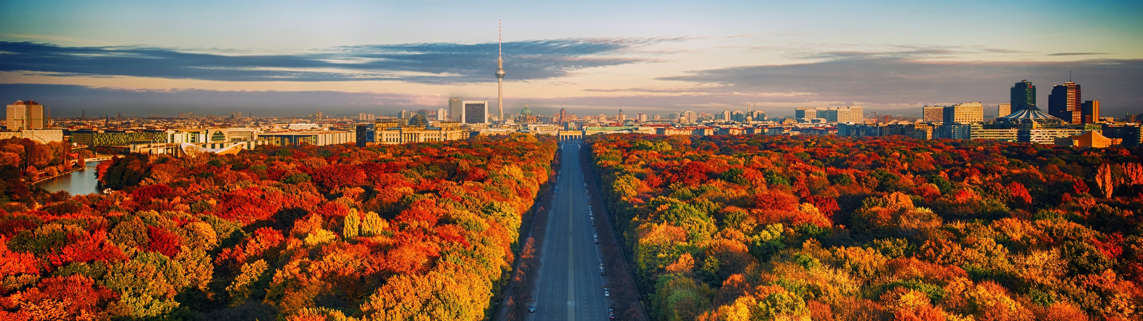 Berlin Skyline, Autumn trees, 4K wallpaper, Dynamic cityscape, 3840x1080 Dual Screen Desktop