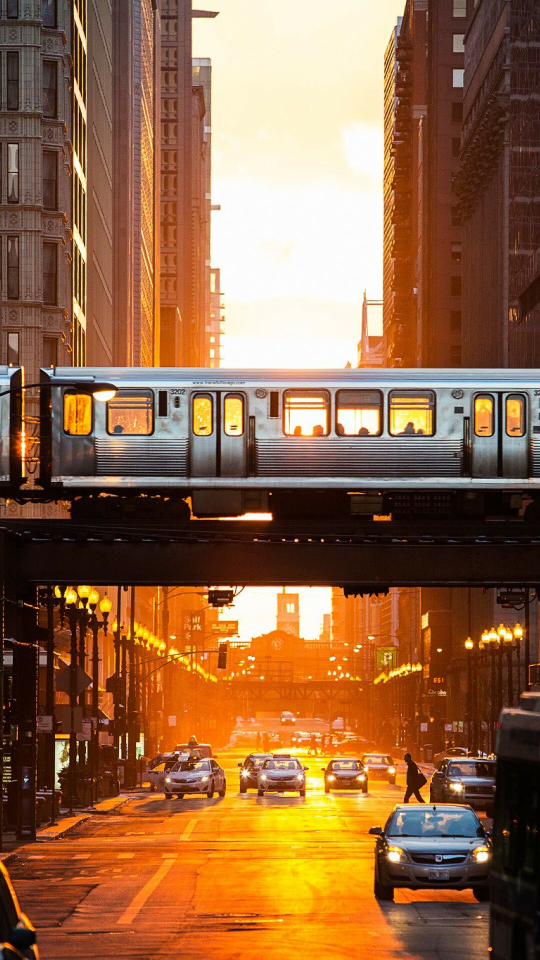 United States: Chicago, Train, Sunset, Infrastructure. 1080x1920 Full HD Wallpaper.
