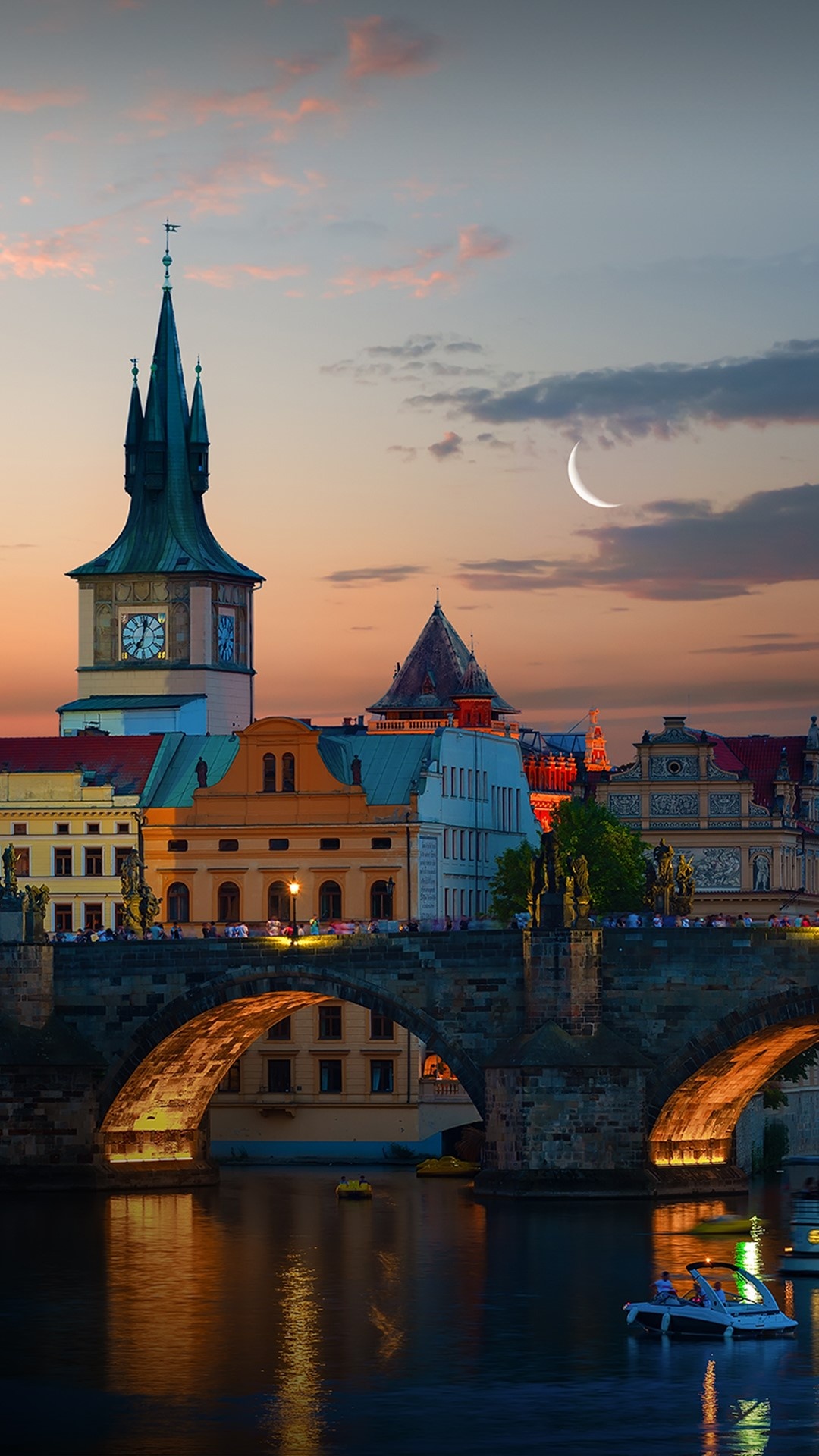 Moonlit towers, Charles Bridge's allure, Vltava River's beauty, Windows 10 spotlight, 1080x1920 Full HD Phone