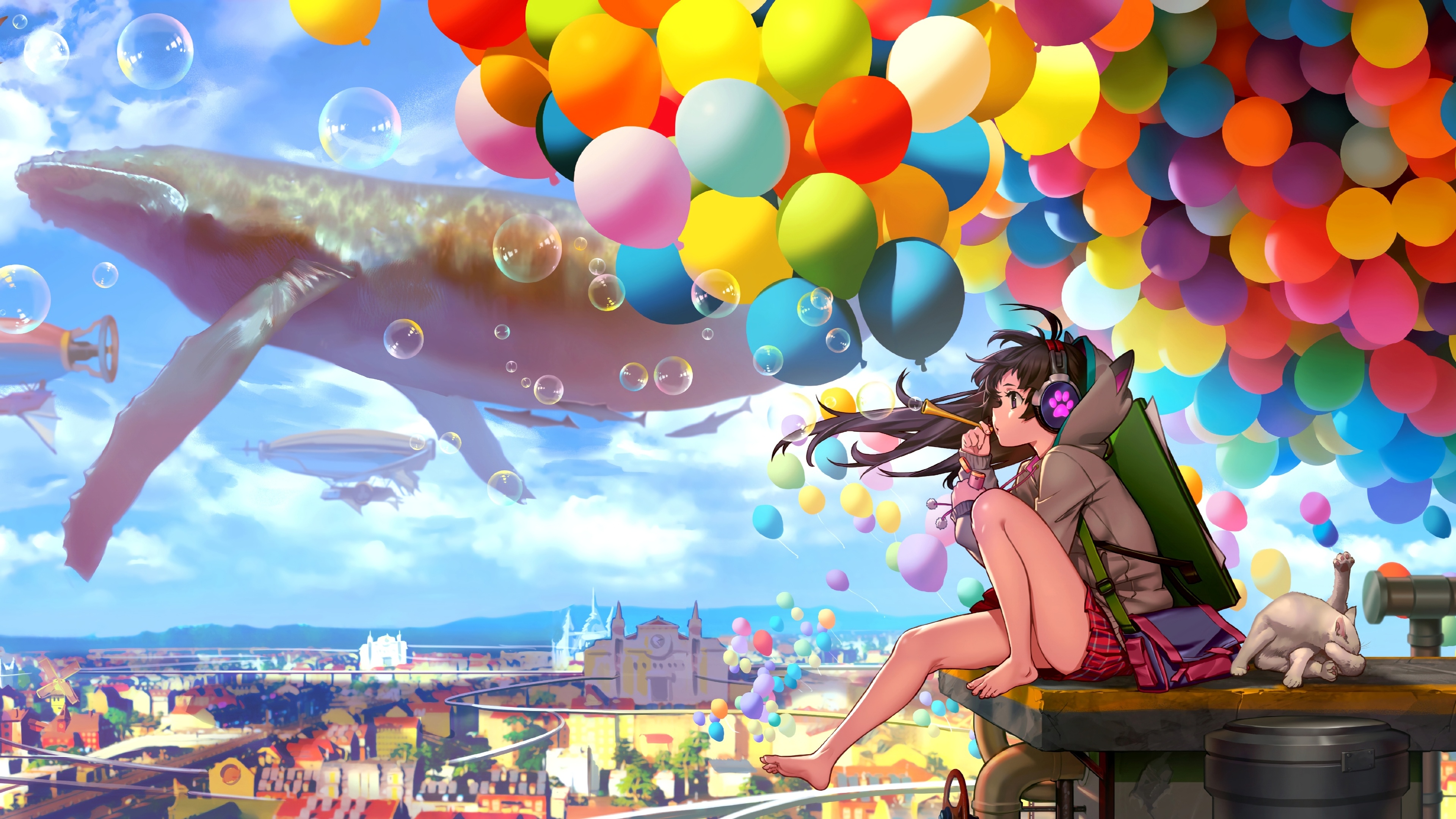 Colorful city, Anime girl, Blowing bubbles, 4K HD, 3840x2160 4K Desktop