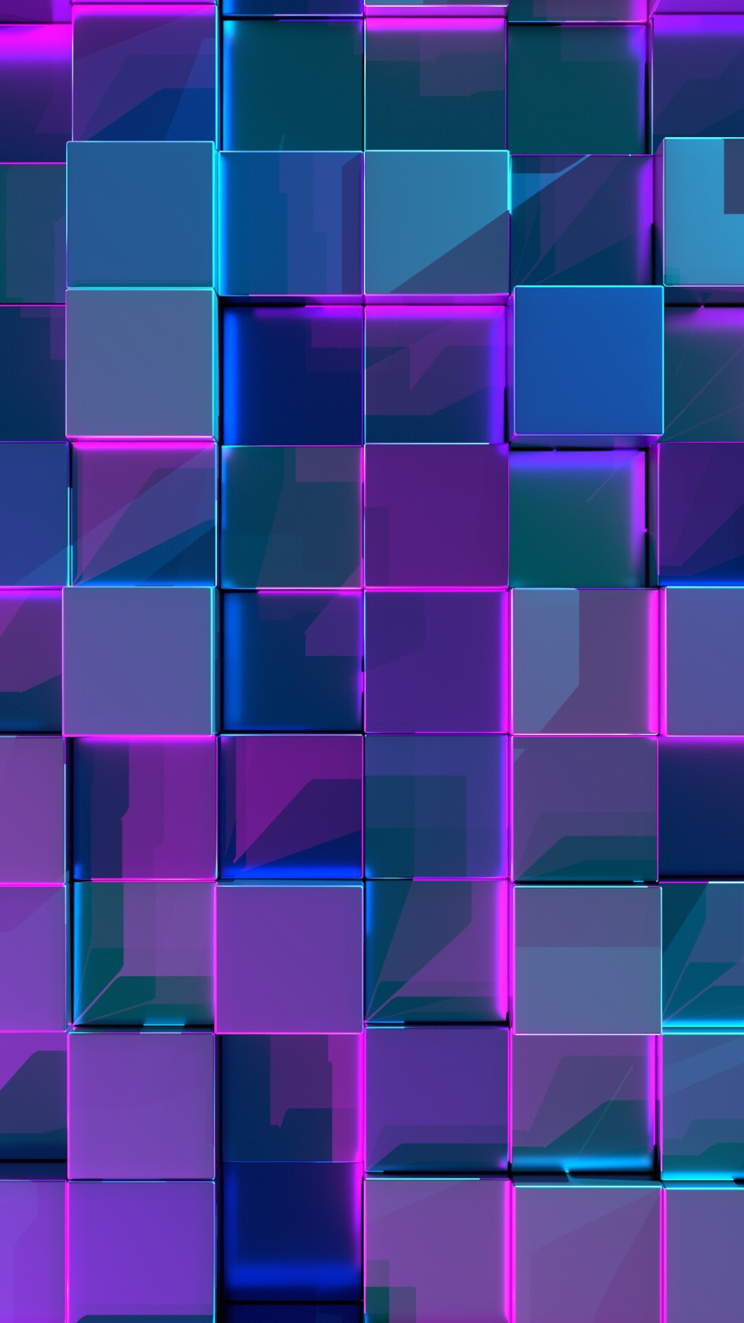 Geometry: Three-dimensional neon cubes, Right angles, Squares. 1080x1920 Full HD Wallpaper.
