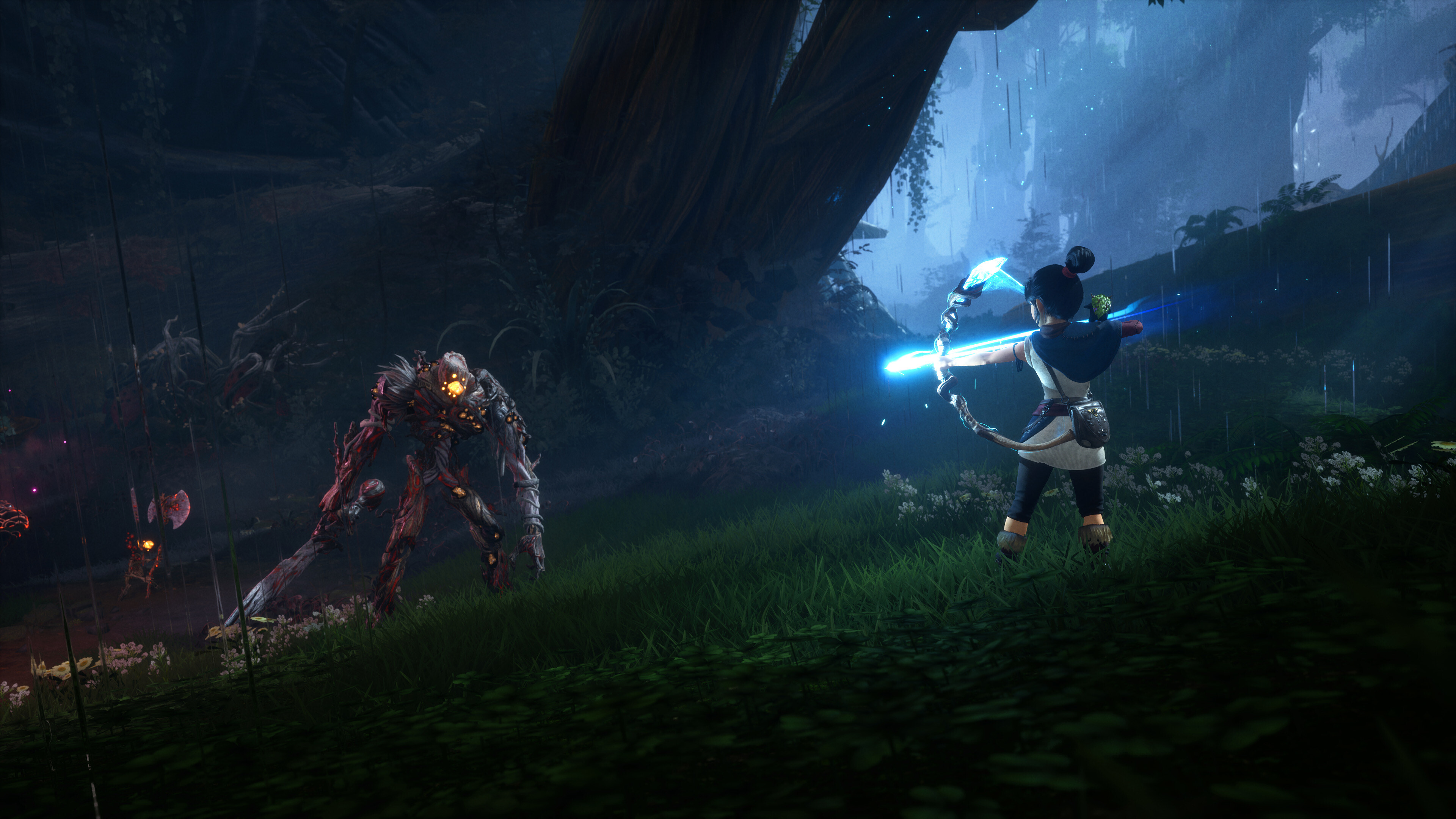 Kena: Bridge of Spirits: The player uses Spirit Bombs to float shimmering rocks for platforming. 3840x2160 4K Background.