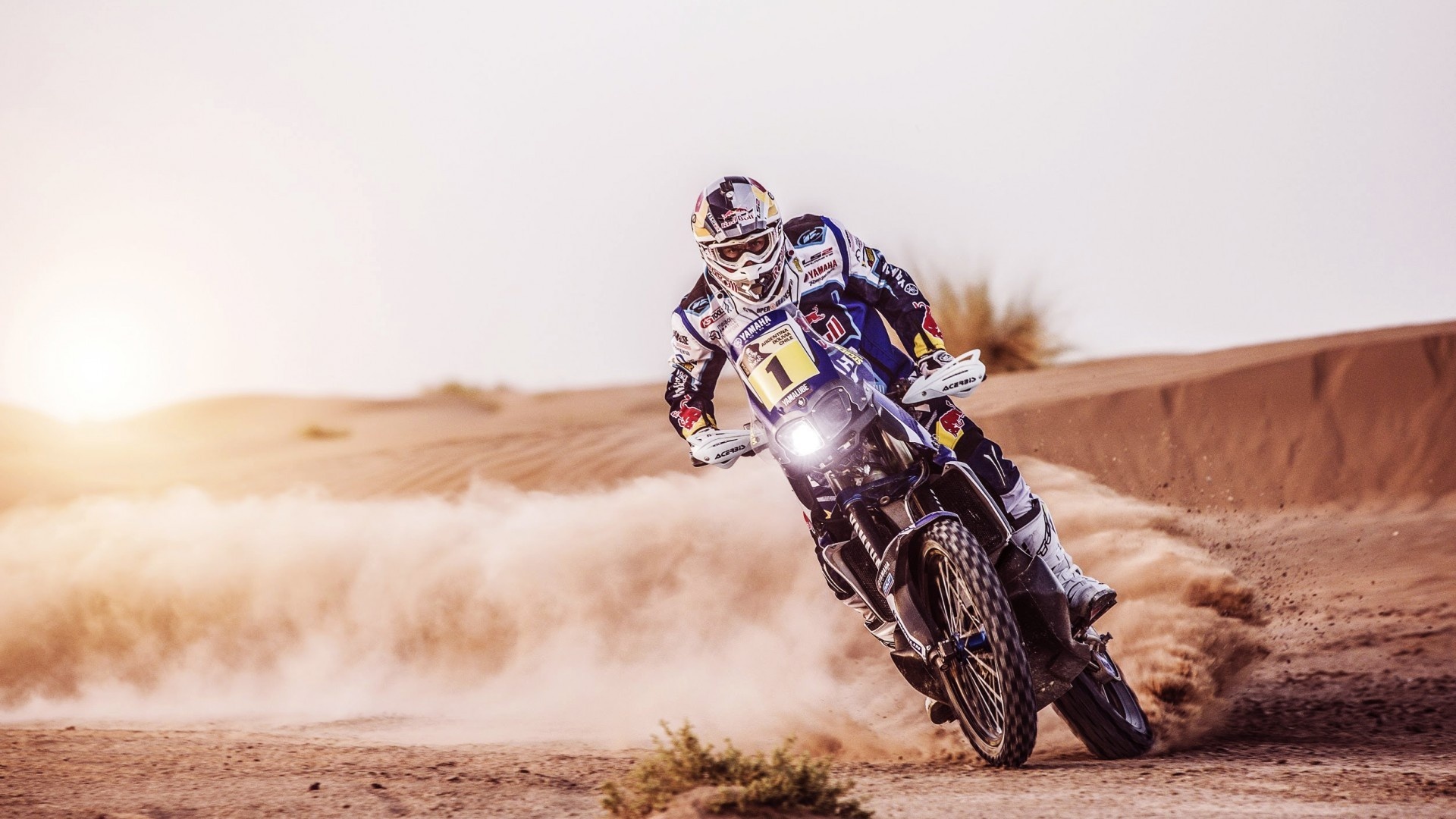 Motorcycle Racing: Pillars of Dust From Under the Wheels, Desert Pursuit, Riding the Dirt Bike Trail, Dakar. 1920x1080 Full HD Wallpaper.