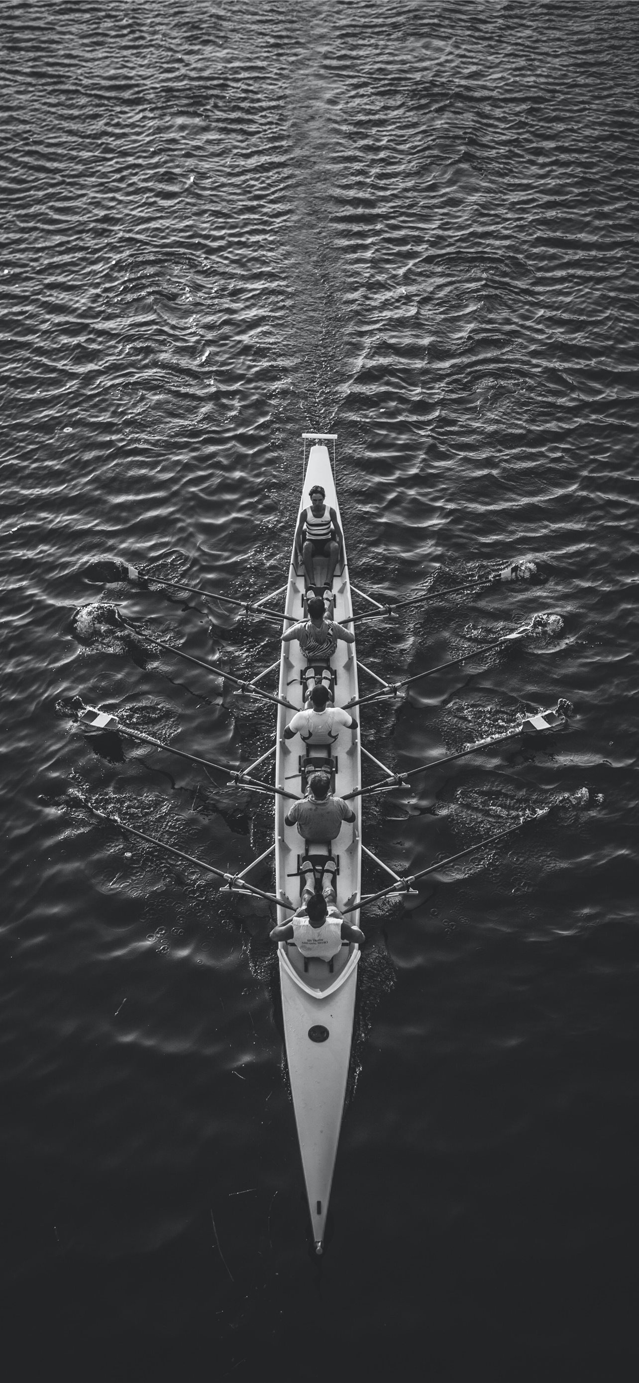 Rowing: A monochrome racing boat full of scullers - athletes who use two oars to navigate over the water. 1290x2780 HD Wallpaper.