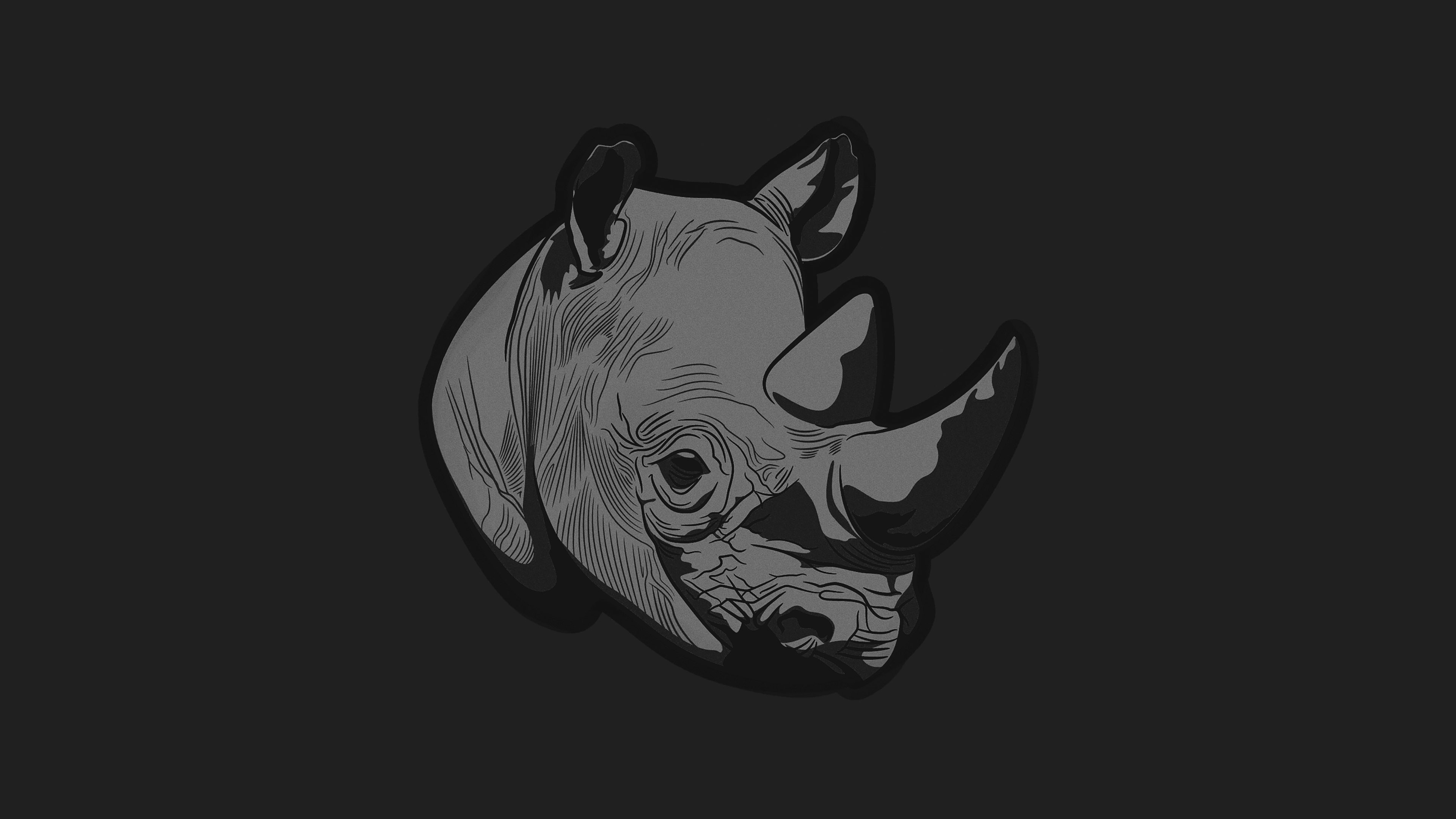 Rhino, Animals, Thoughtful rhino, Dark minimal art, 3840x2160 4K Desktop