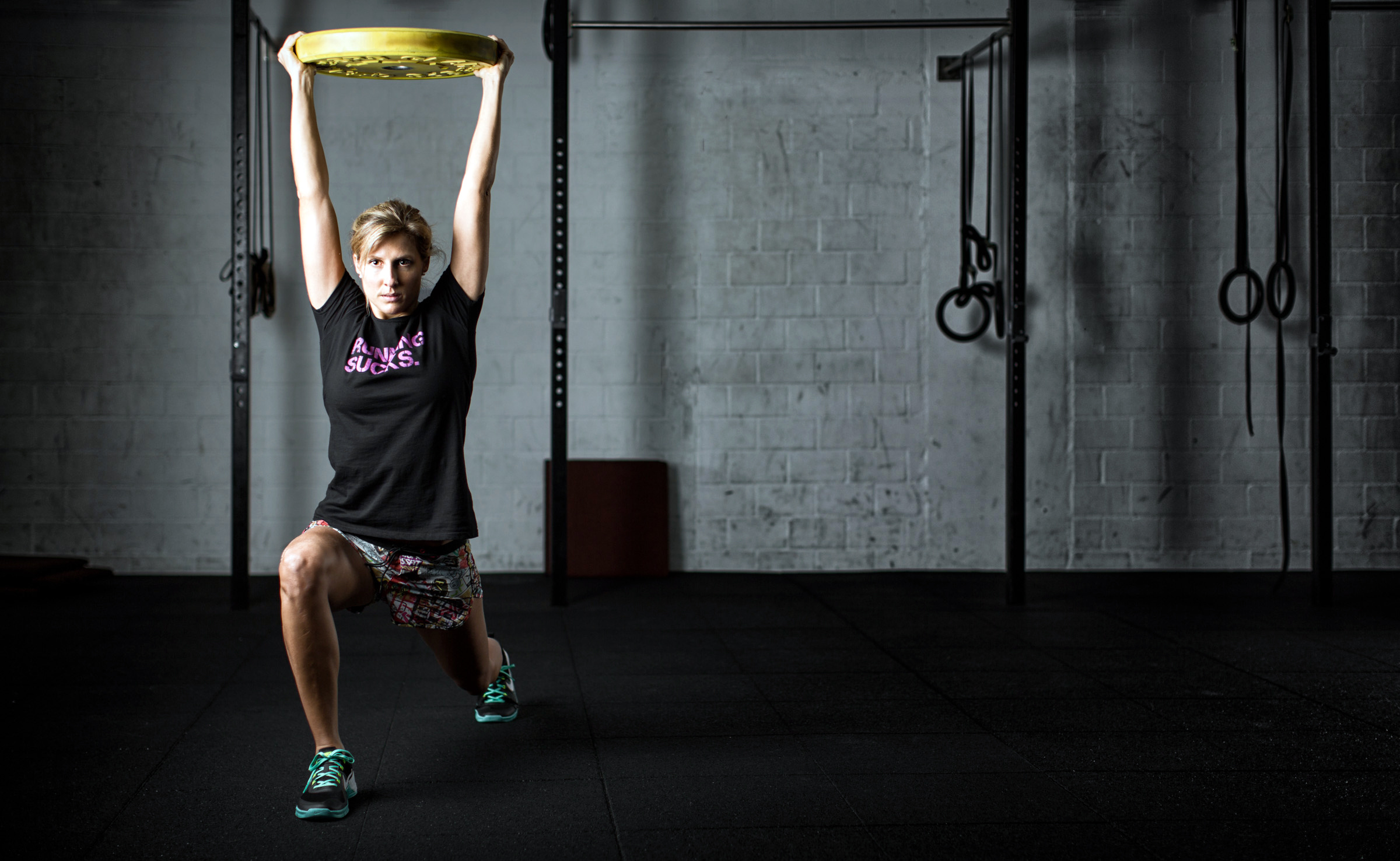 CrossFit: Weight plate routine, Muscle tone, Getting a raise, Lunges, Fitness workout, Strength training. 2400x1480 HD Background.