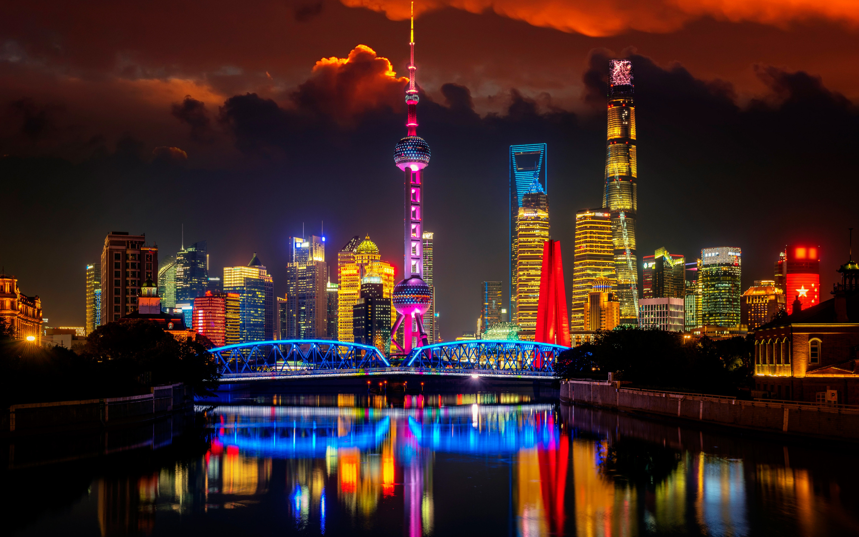 Oriental Pearl Tower, Travels, Shanghai skyline at night, 2880x1800 HD Desktop