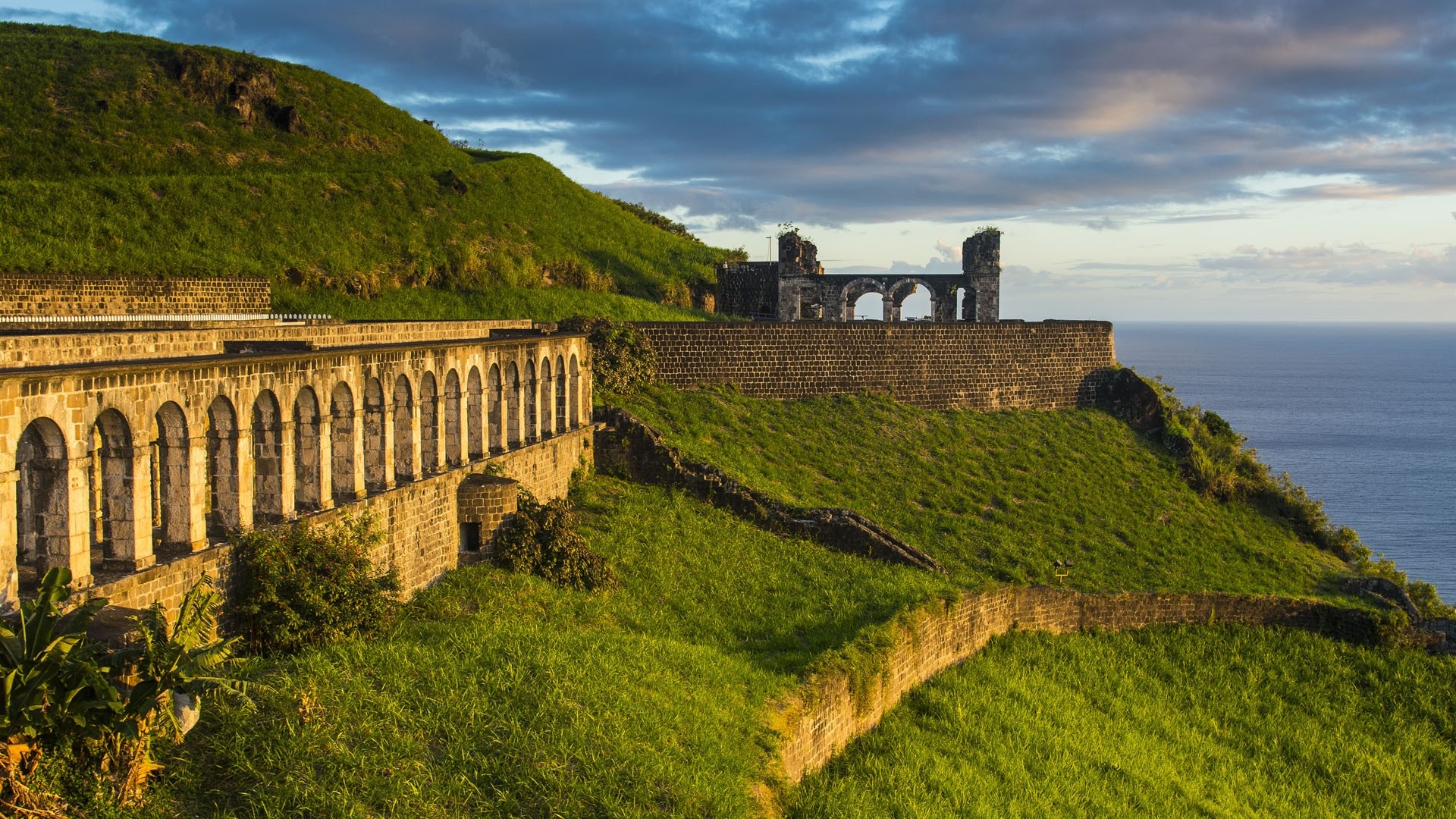Saint Kitts and Nevis: Brimstone Hill Fortress by sea, Fort George Citadel, Caribbean. 1920x1080 Full HD Background.