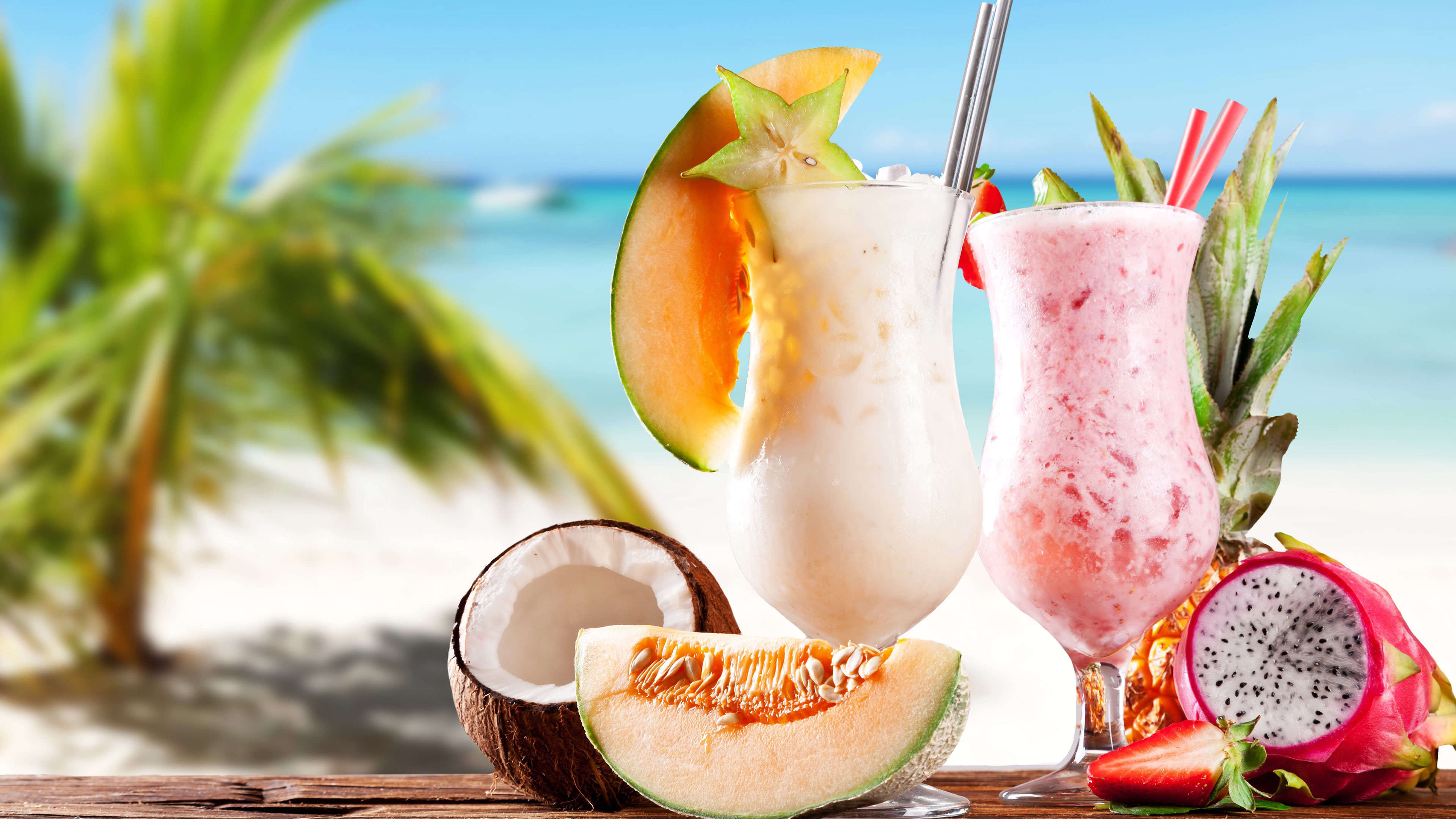 Coconut: Beach, Fruit, Cocktails, A large hairy, brown nut. 3840x2160 4K Background.