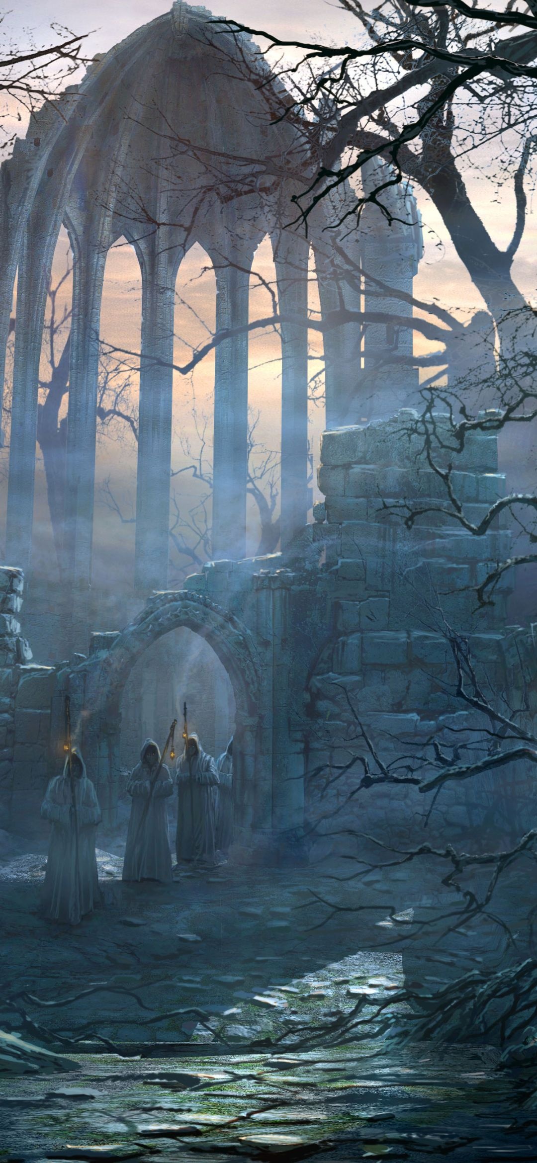Gothic Art: Ruined temple, Monks, Abandoned place, Fantasy architecture, Mystical atmosphere. 1080x2340 HD Wallpaper.