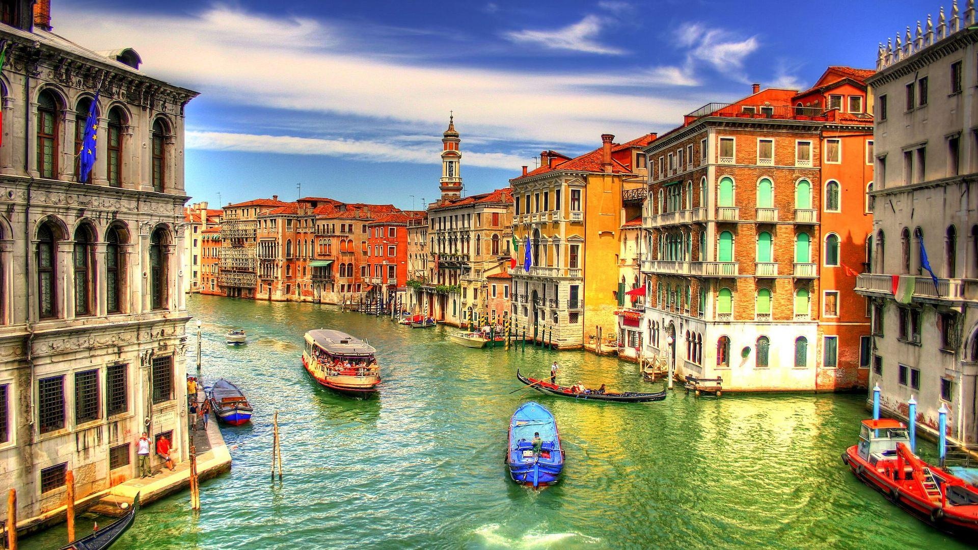 Gondola: Venice, Flat-bottomed boat having a tall, ornamental stem and stern. 1920x1080 Full HD Background.