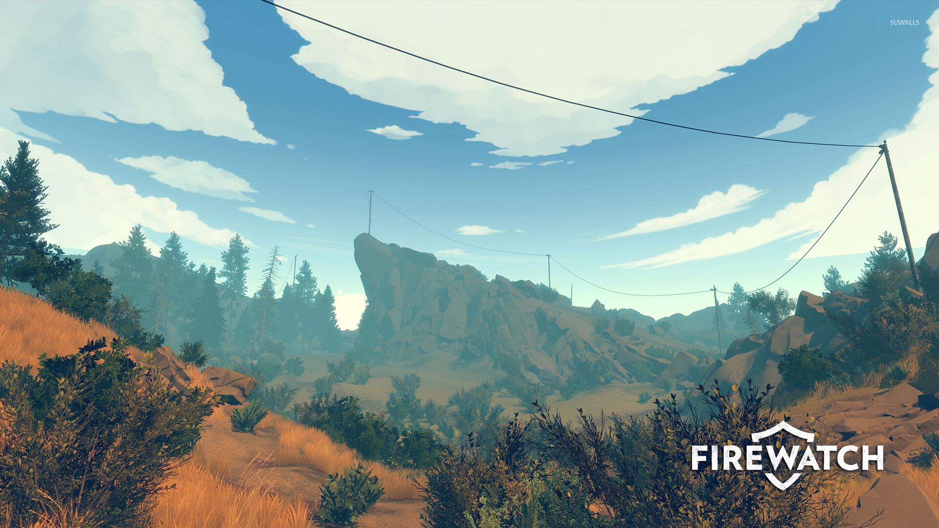 Firewatch: Utility pole through the forest, An action game by Campo Santo. 1920x1080 Full HD Background.