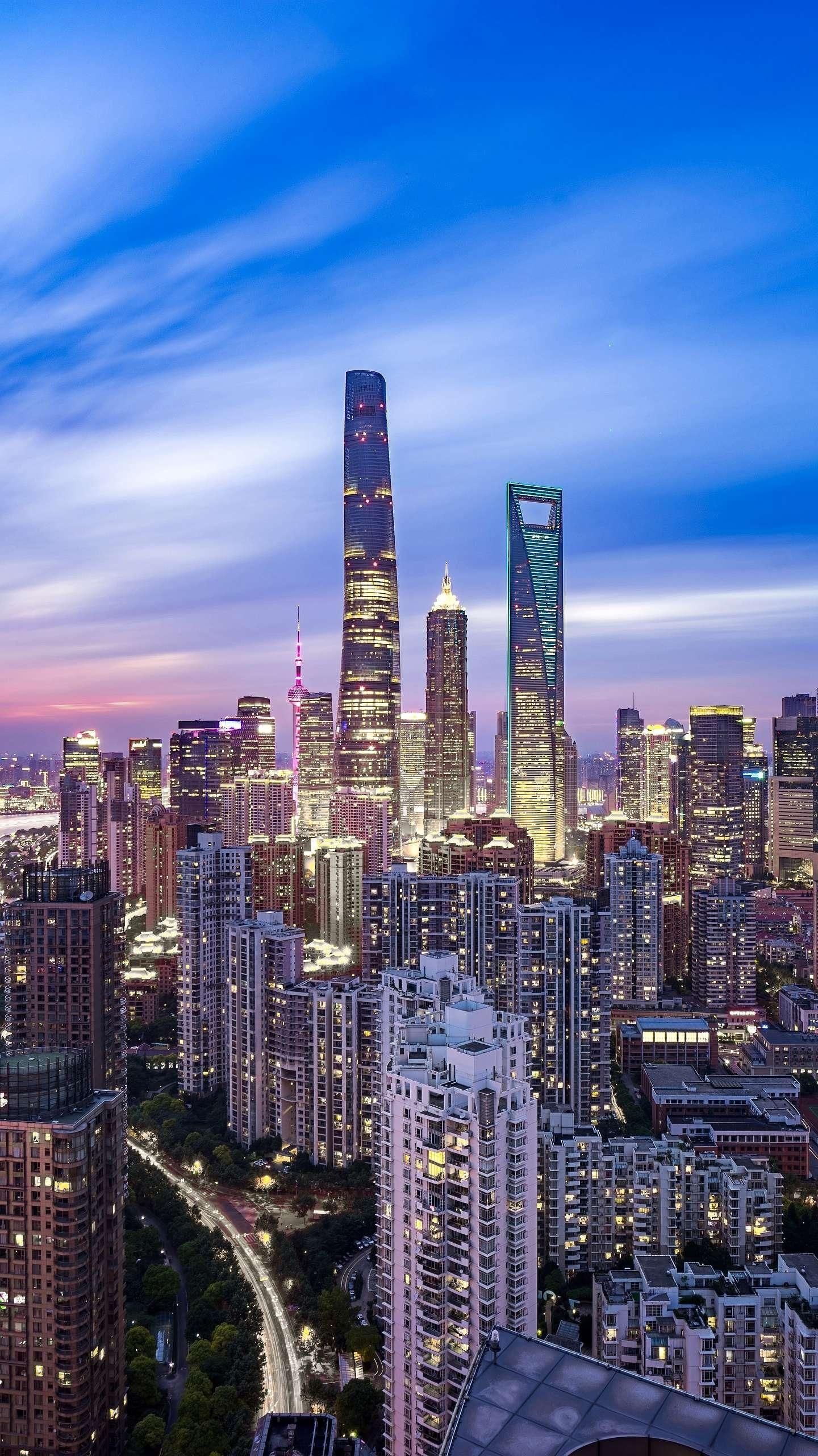 Jin Mao and SWFC, Pudong district, Trio of structures, City's iconic landmarks, 1440x2560 HD Handy