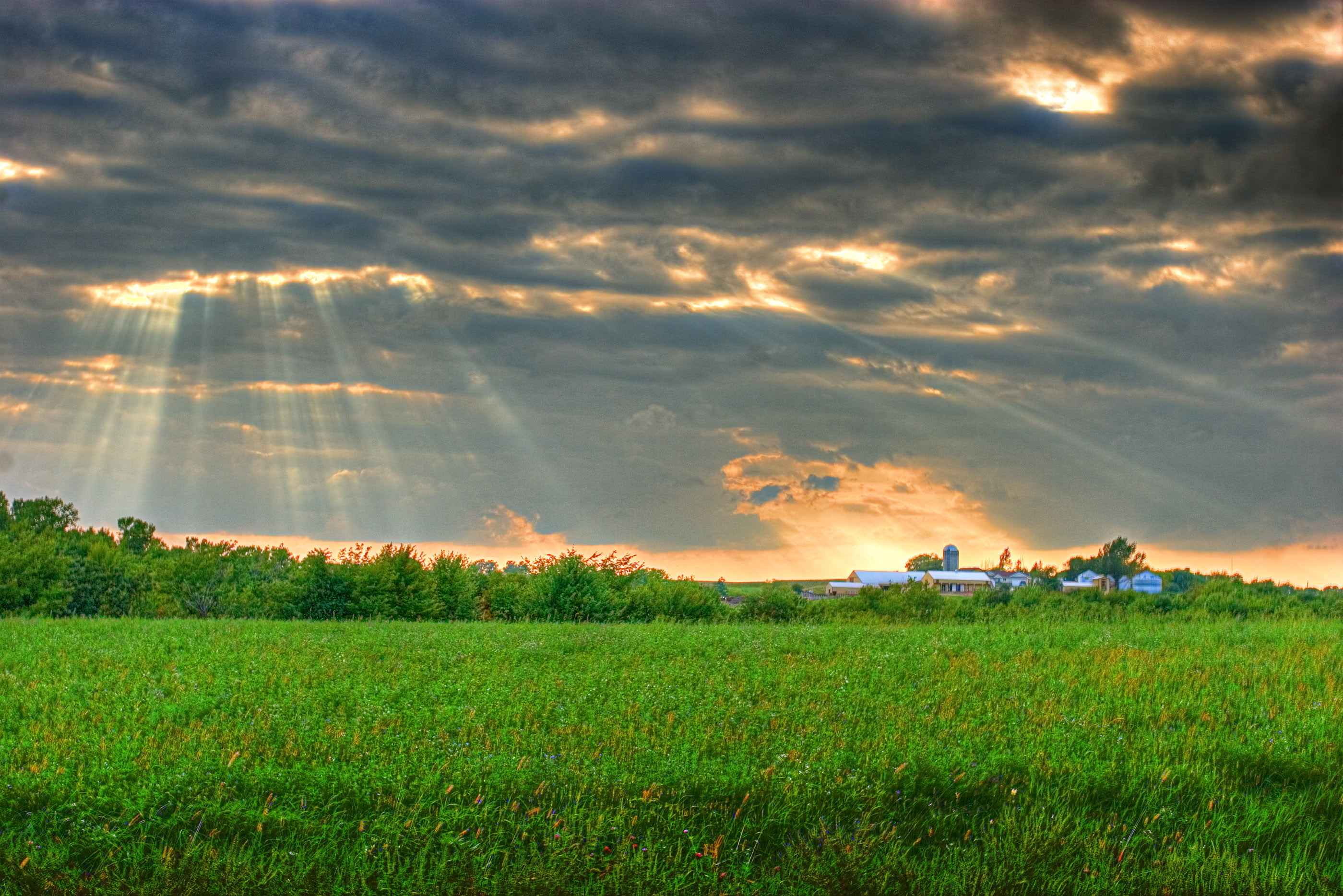 Grassland: Landscape, Green pastures under cumulus stratus clouds, Wisconsin. 2800x1870 HD Background.