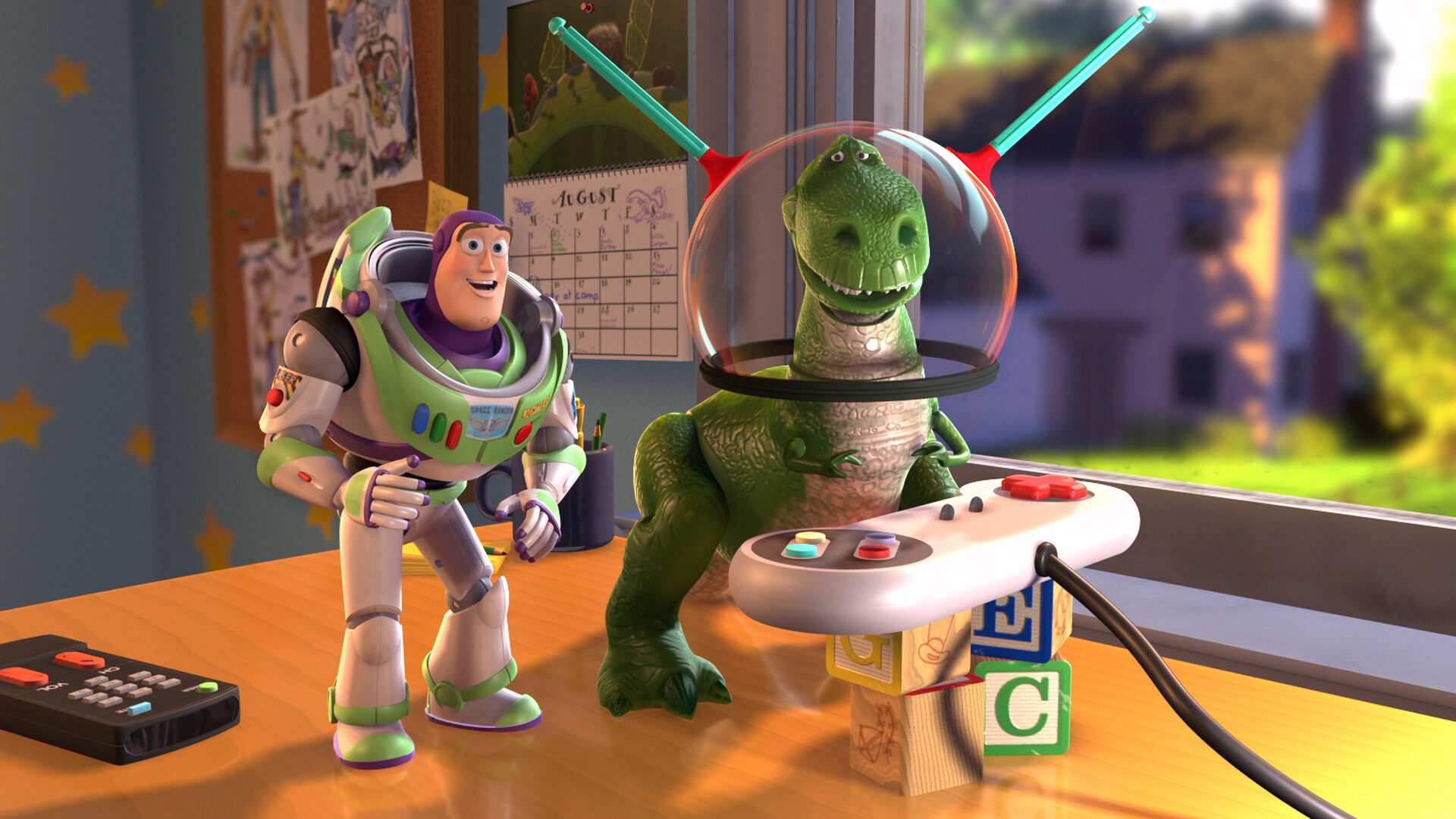 Toy Story: Tim Allen as Buzz Lightyear and Wallace Shawn as Rex. 1920x1080 Full HD Wallpaper.
