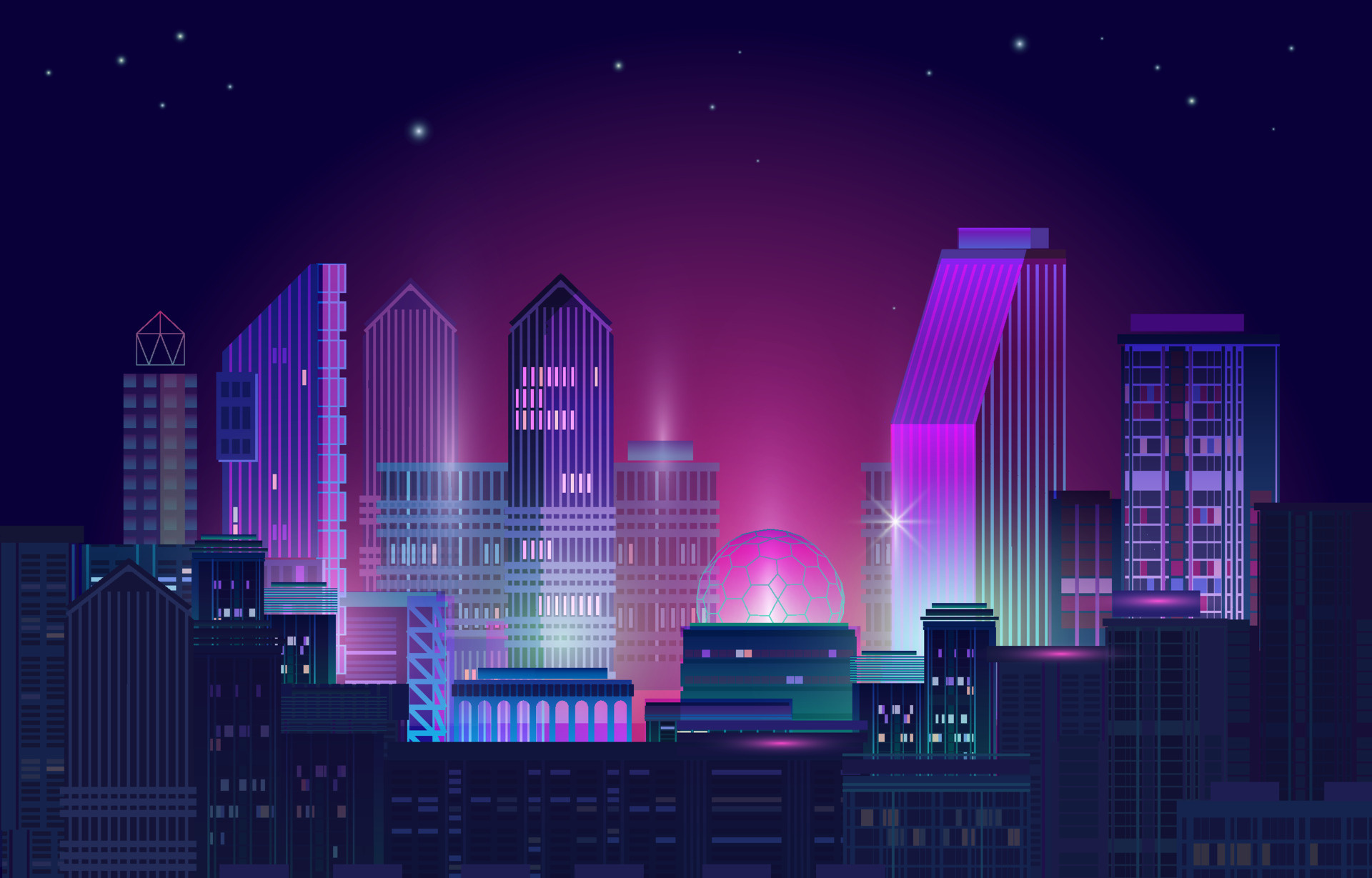 Neon Skyline, Night city panorama, Dark background, Neon glow, 1920x1230 HD Desktop