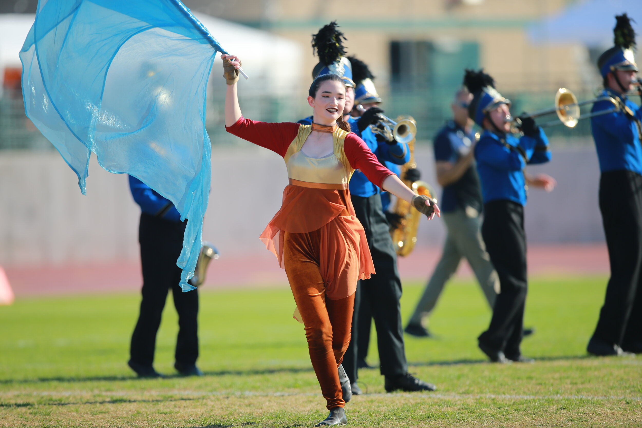 Color Guard (Flag Spinning): El Segundo High School Band (ESHS Band), Marching band show. 2500x1670 HD Background.
