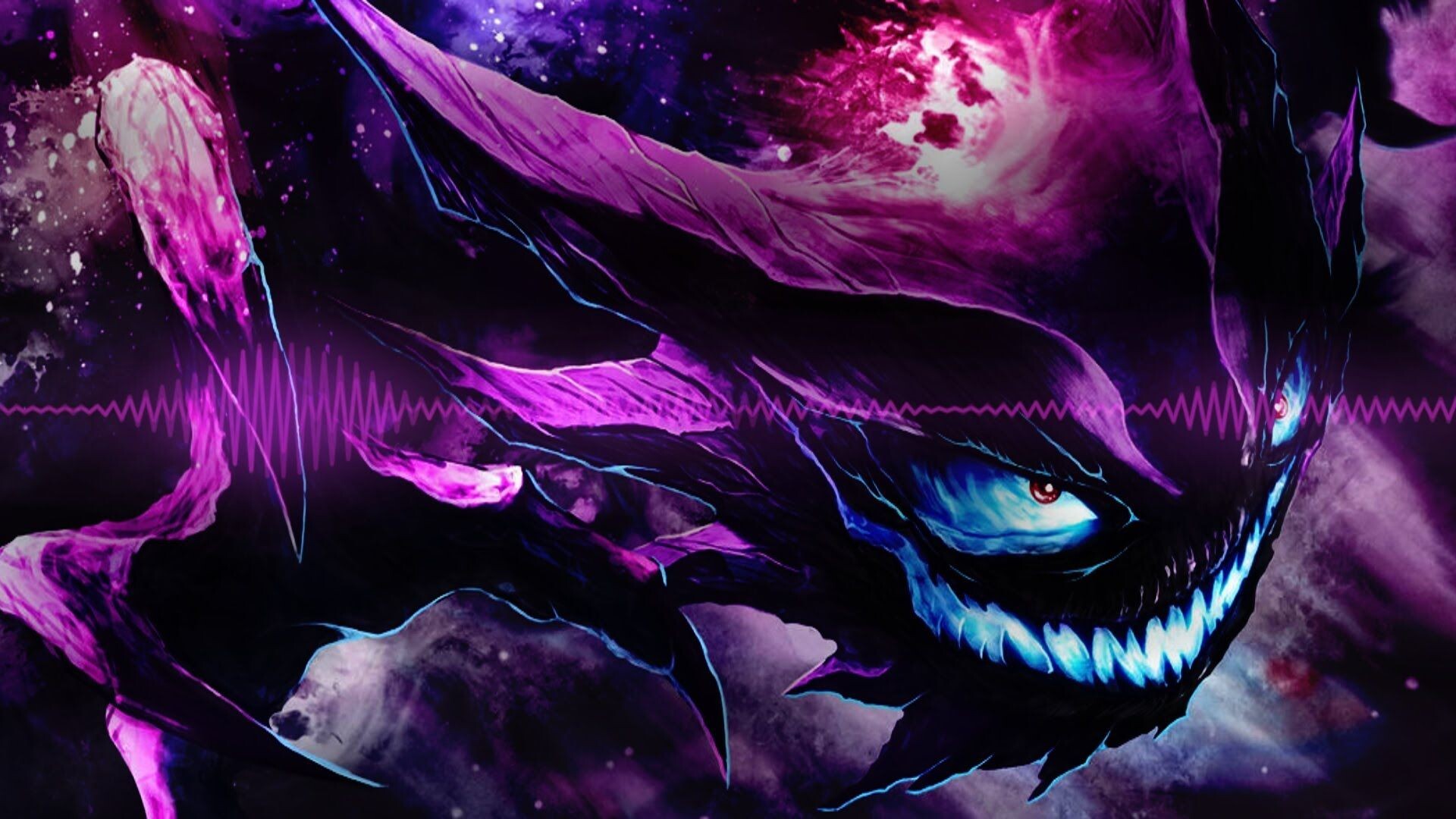 Gengar: Haunter, A purple Pokemon with a gaseous body, Triangular eyes with small pupils. 1920x1080 Full HD Wallpaper.
