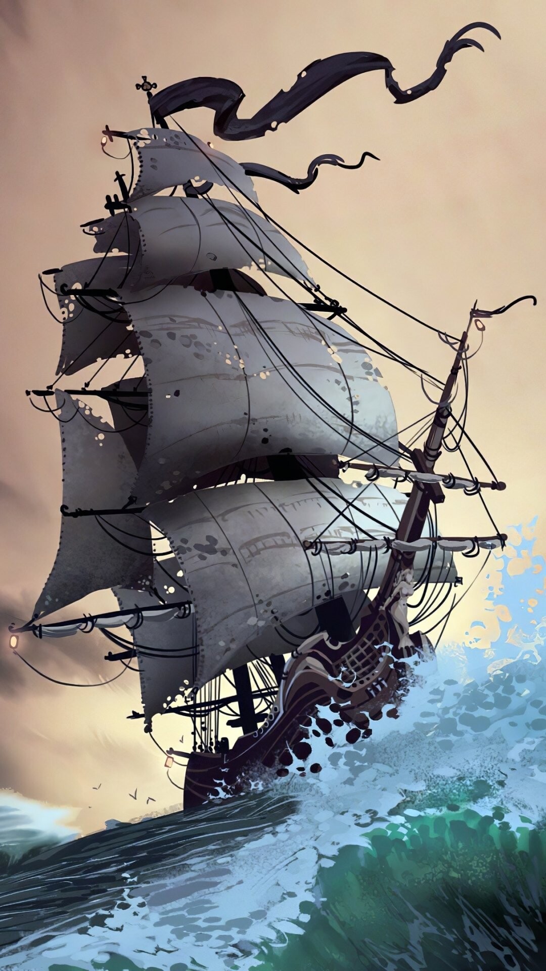 Ghost Ship: The Caleuche is a legendary vessel, that is said to appear only to those who are lost at sea. 1080x1920 Full HD Background.