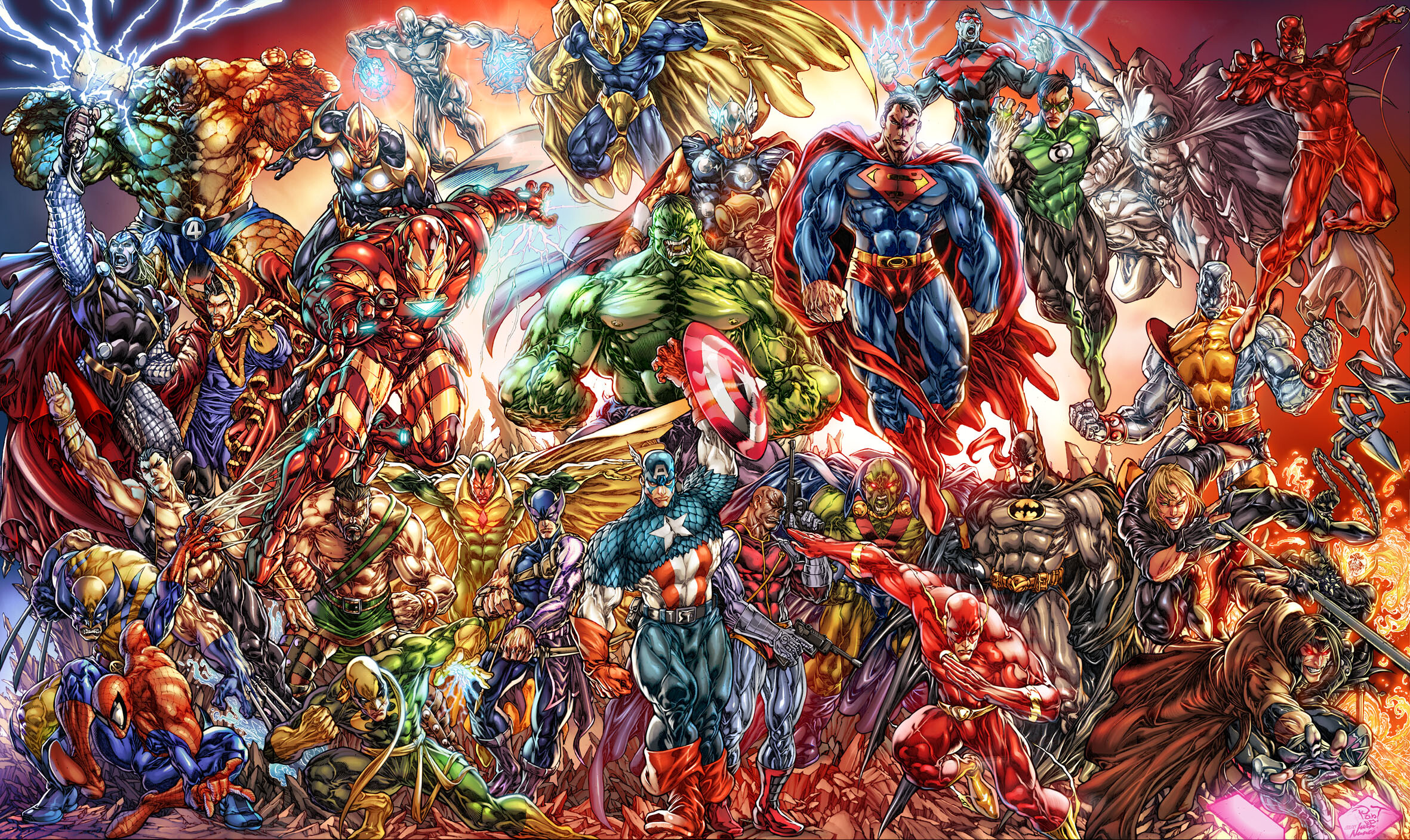 DC vs. Marvel: Batman, Superman, Spider-Man, Deadpool, Captain America, Flash, Daredevil, Hulk, Iron Man, Thor. 2370x1410 HD Background.