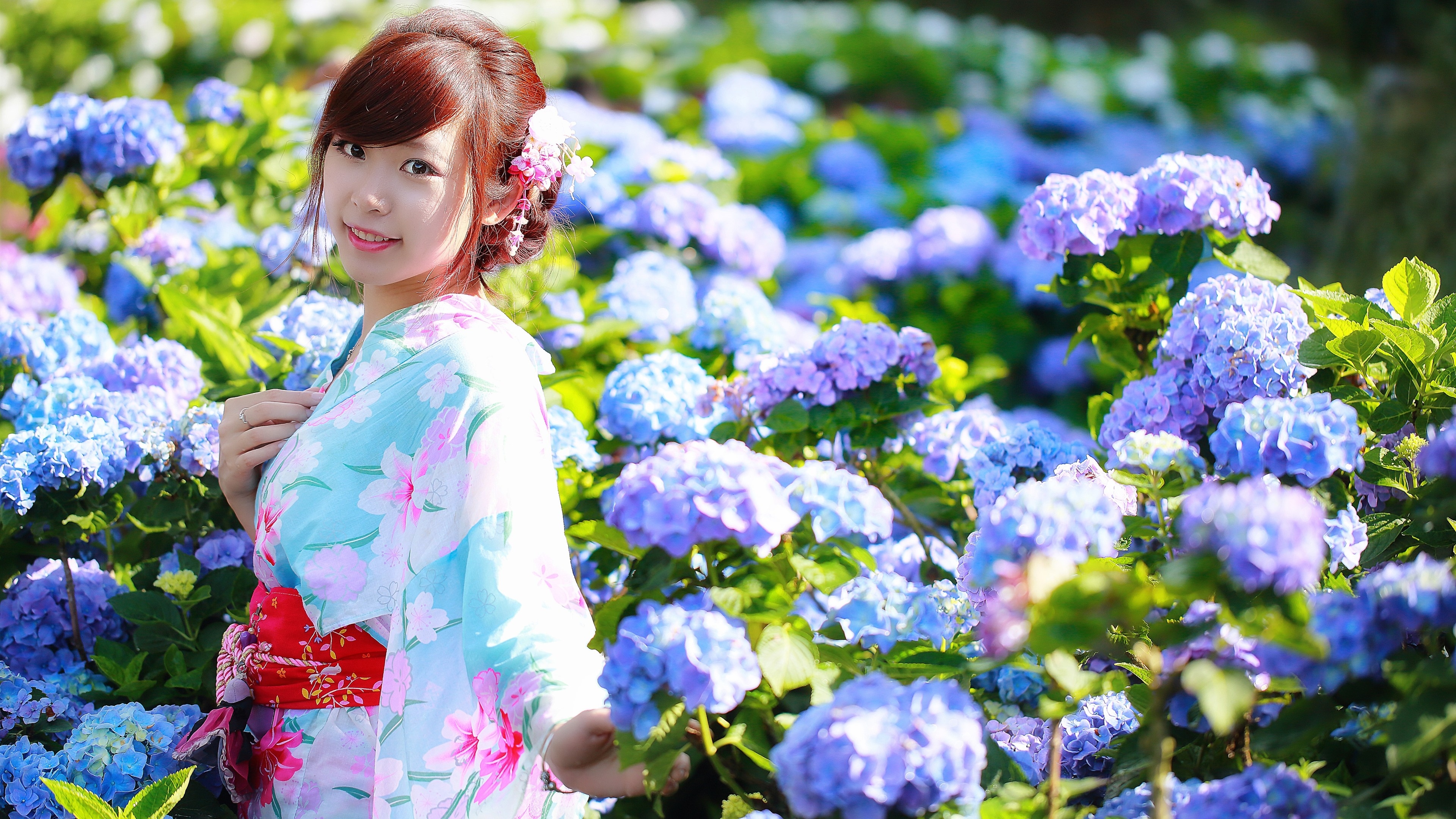 Japanese girl, Purple flowers, Garden scenery, Traditional elegance, 3840x2160 4K Desktop
