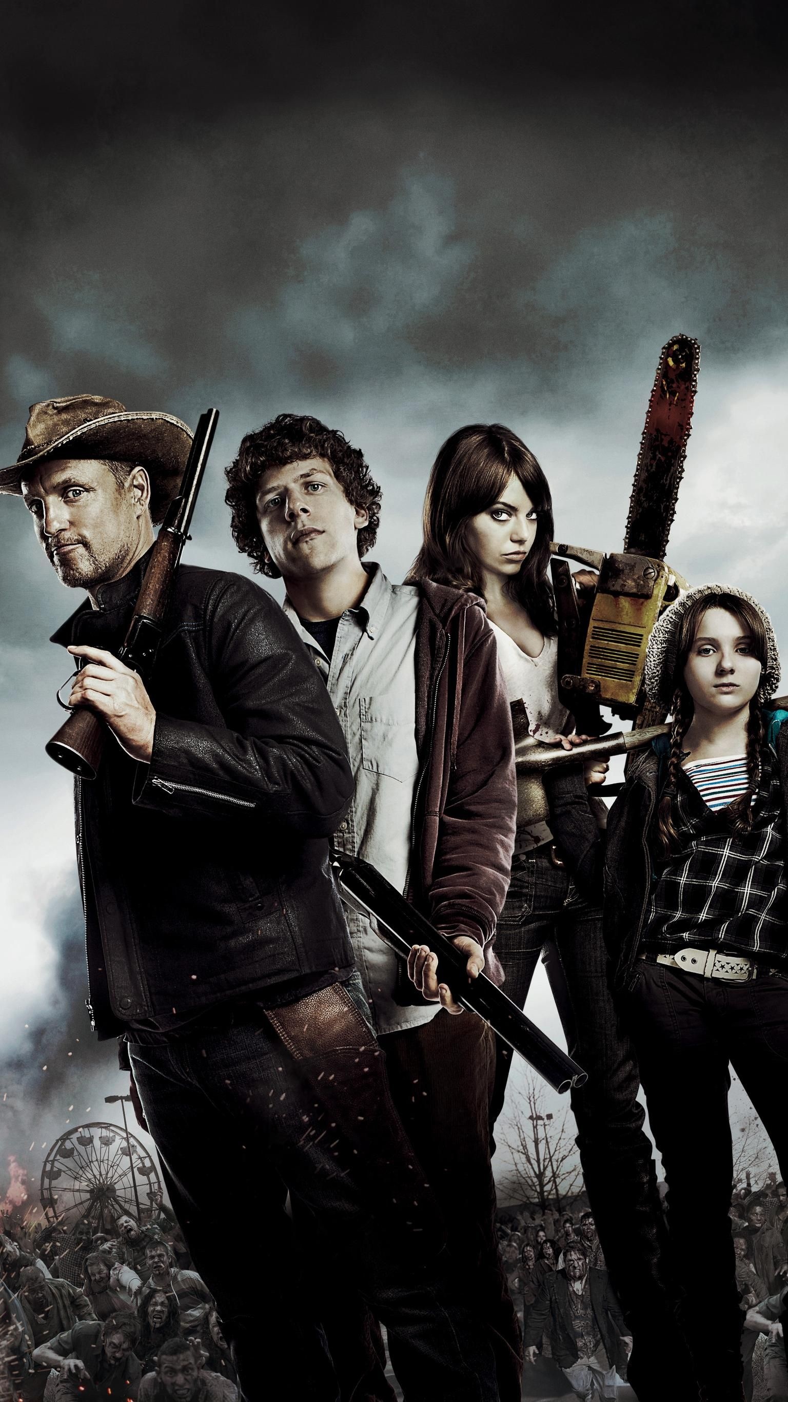 Zombieland: The film stars Woody Harrelson, Jesse Eisenberg, Emma Stone, Abigail Breslin. 1540x2740 HD Wallpaper.