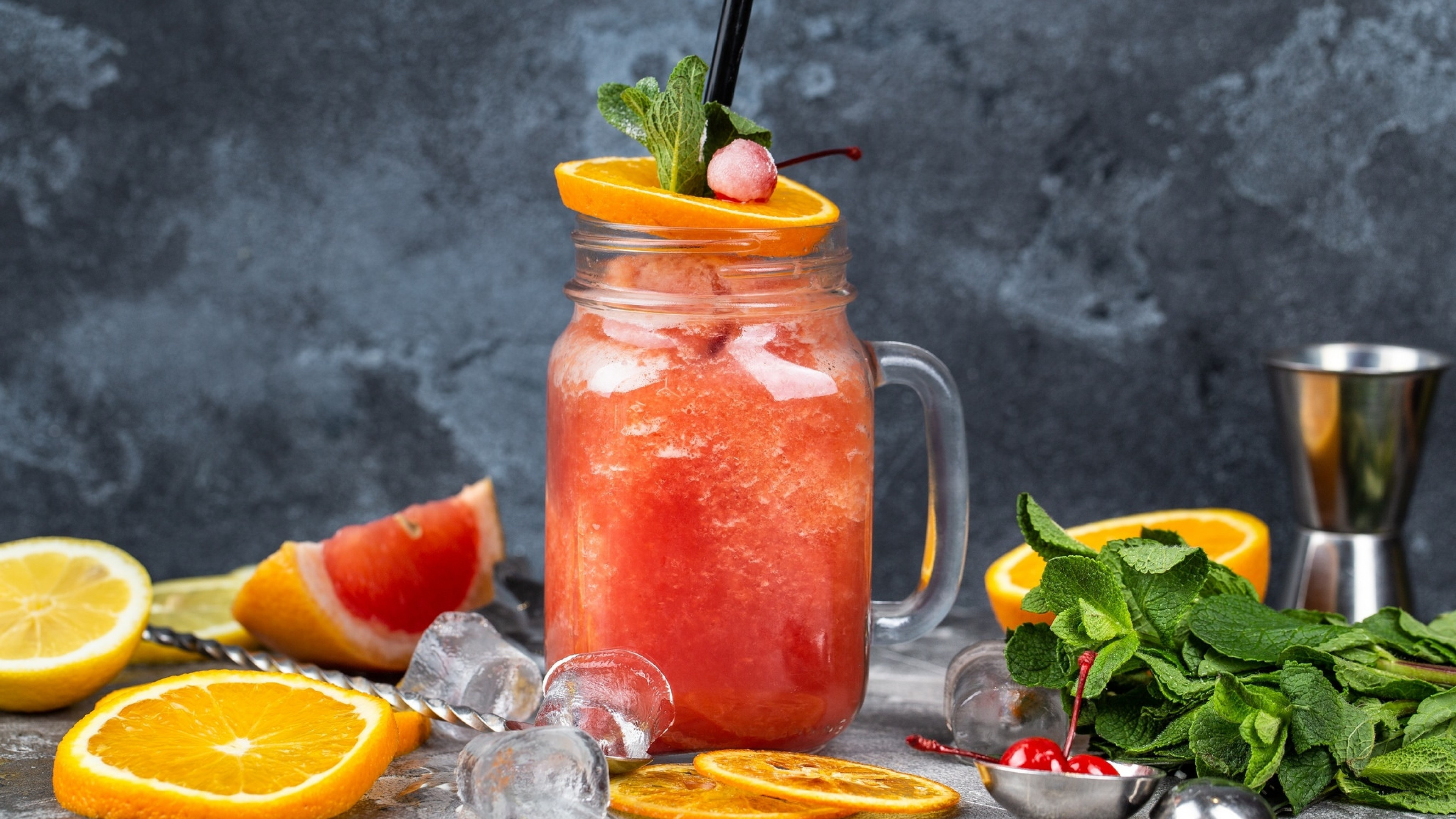 Lemonade: Smoothie, Juice, Ice, Cherries, Orange, Fruits, Beverage. 3840x2160 4K Wallpaper.