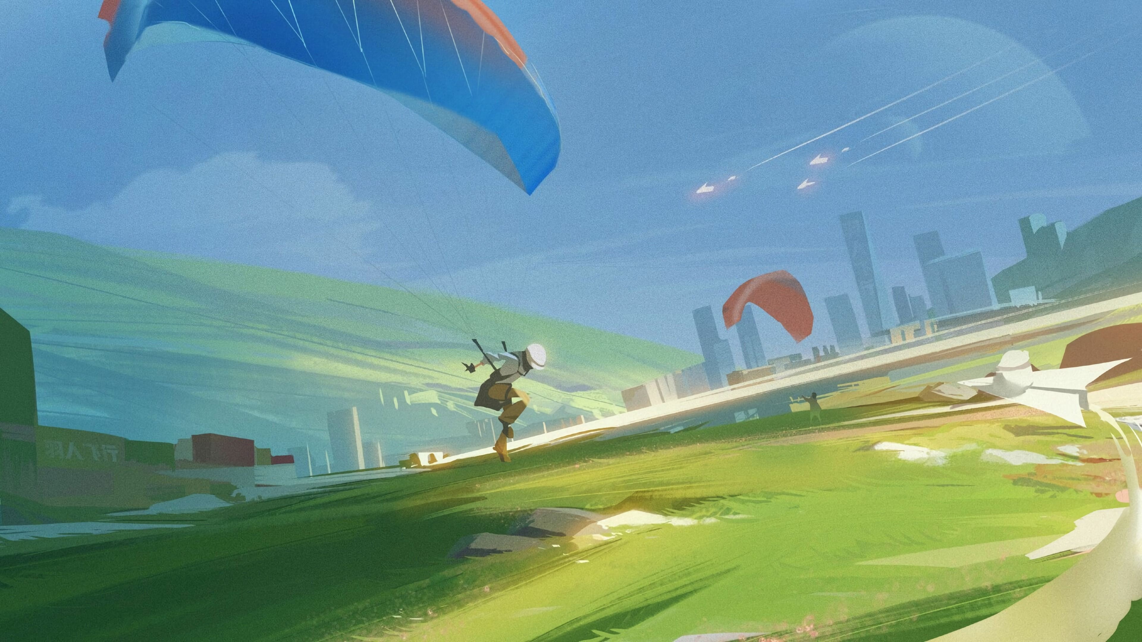 Paragliding: Landing procedure, Operated paraglider windsport, Anime style fan art. 3840x2160 4K Wallpaper.