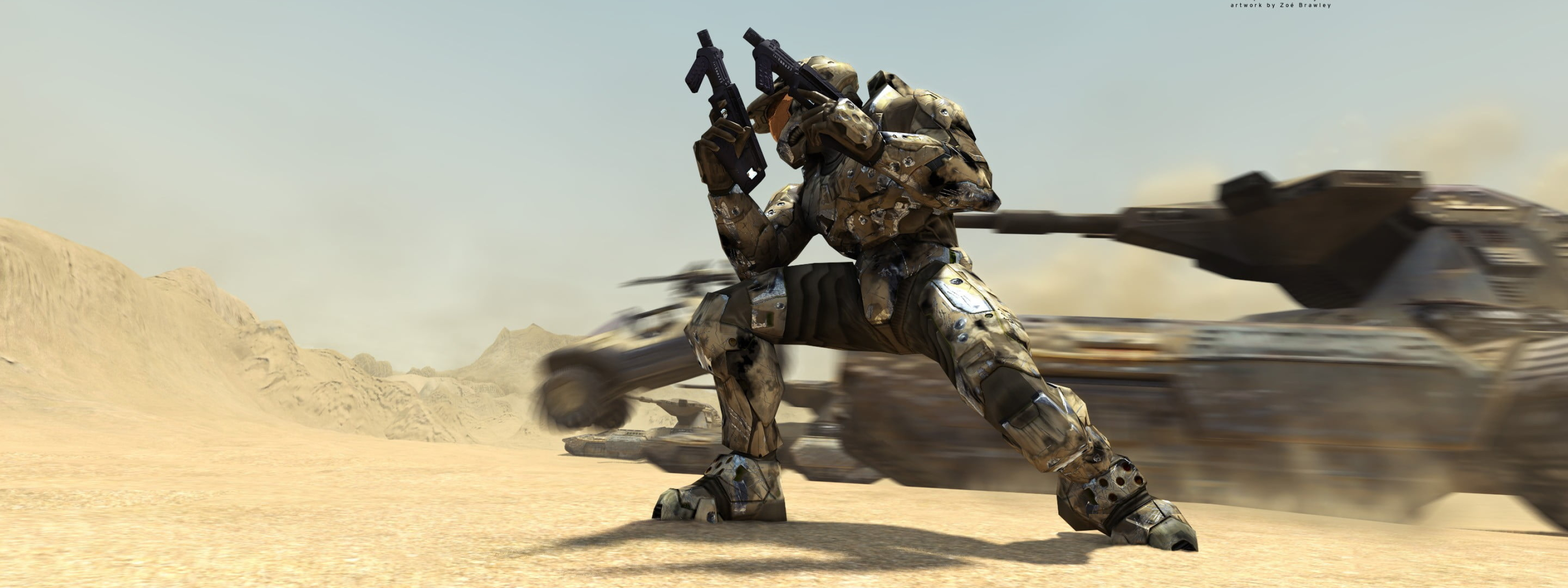 Halo 2 digital wallpaper, Master Chief's journey, HD visuals, Epic battle scenes, 3200x1200 Dual Screen Desktop