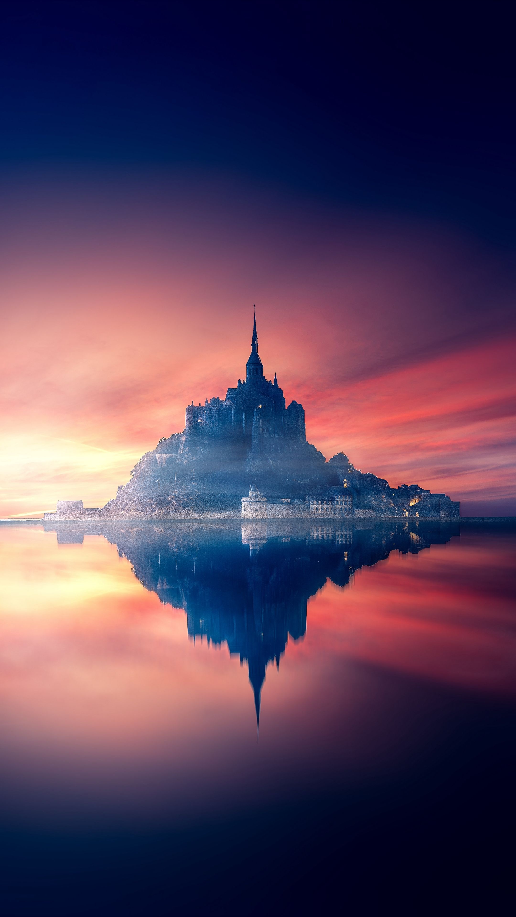 Mont St. Michel, France island android, Beautiful castles sunset art, Sunset canvas, 2160x3840 4K Phone