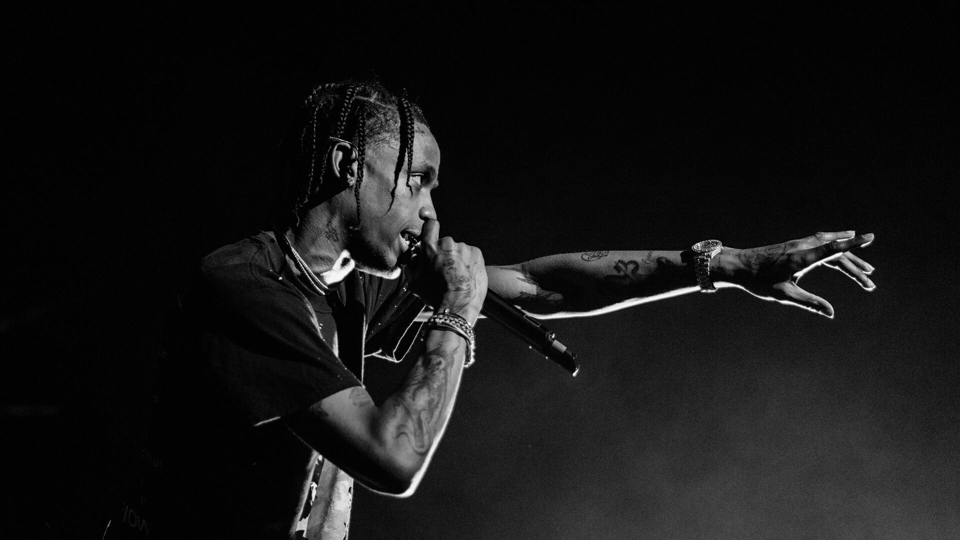 Travis Scott: Rapper, Known for highly publicized relationship with American media personality Kylie Jenner, Monochrome. 1920x1080 Full HD Background.