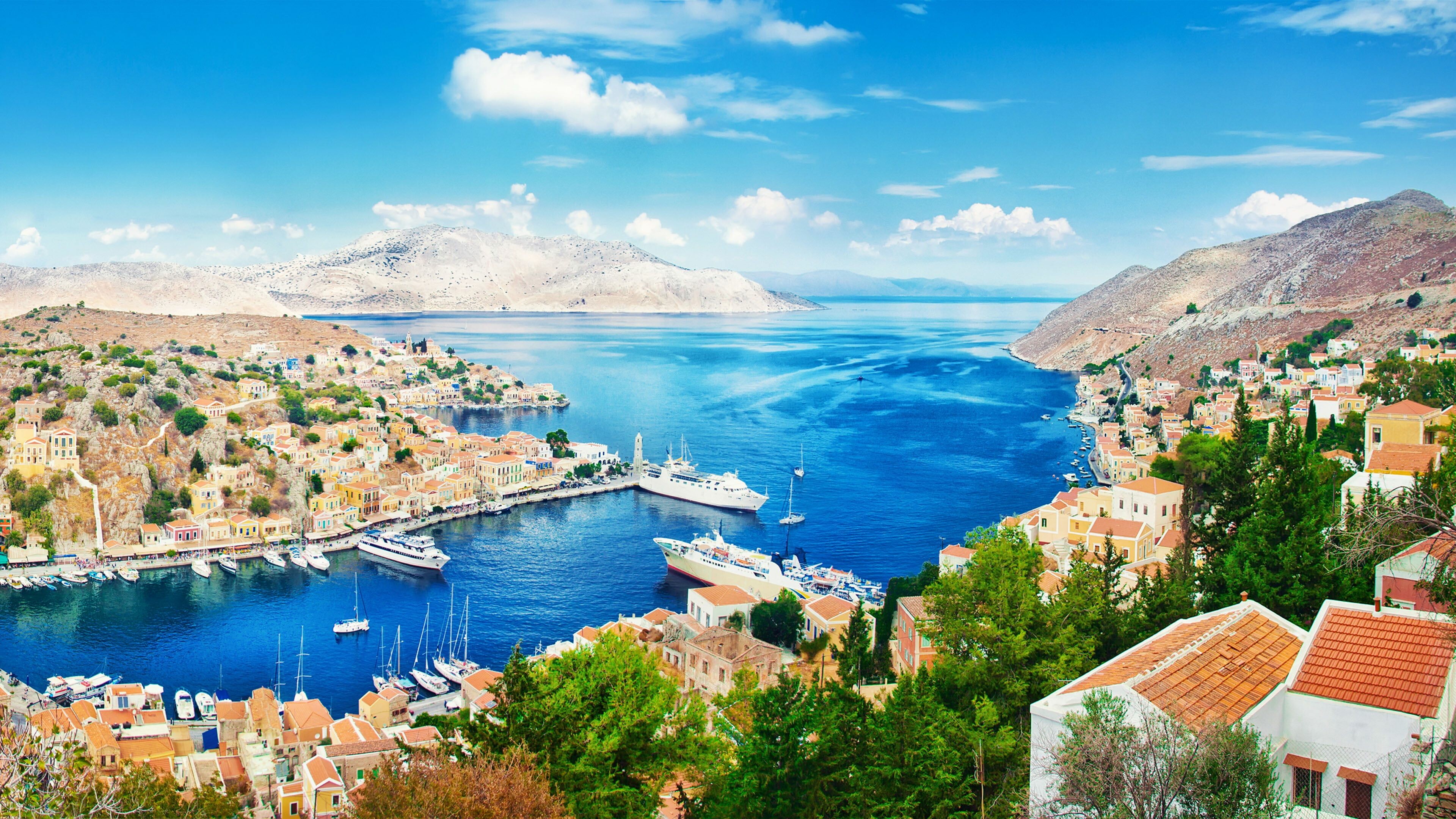 Greece: Symi Island, Located at the crossroads of Europe, Asia, and Africa. 3840x2160 4K Wallpaper.