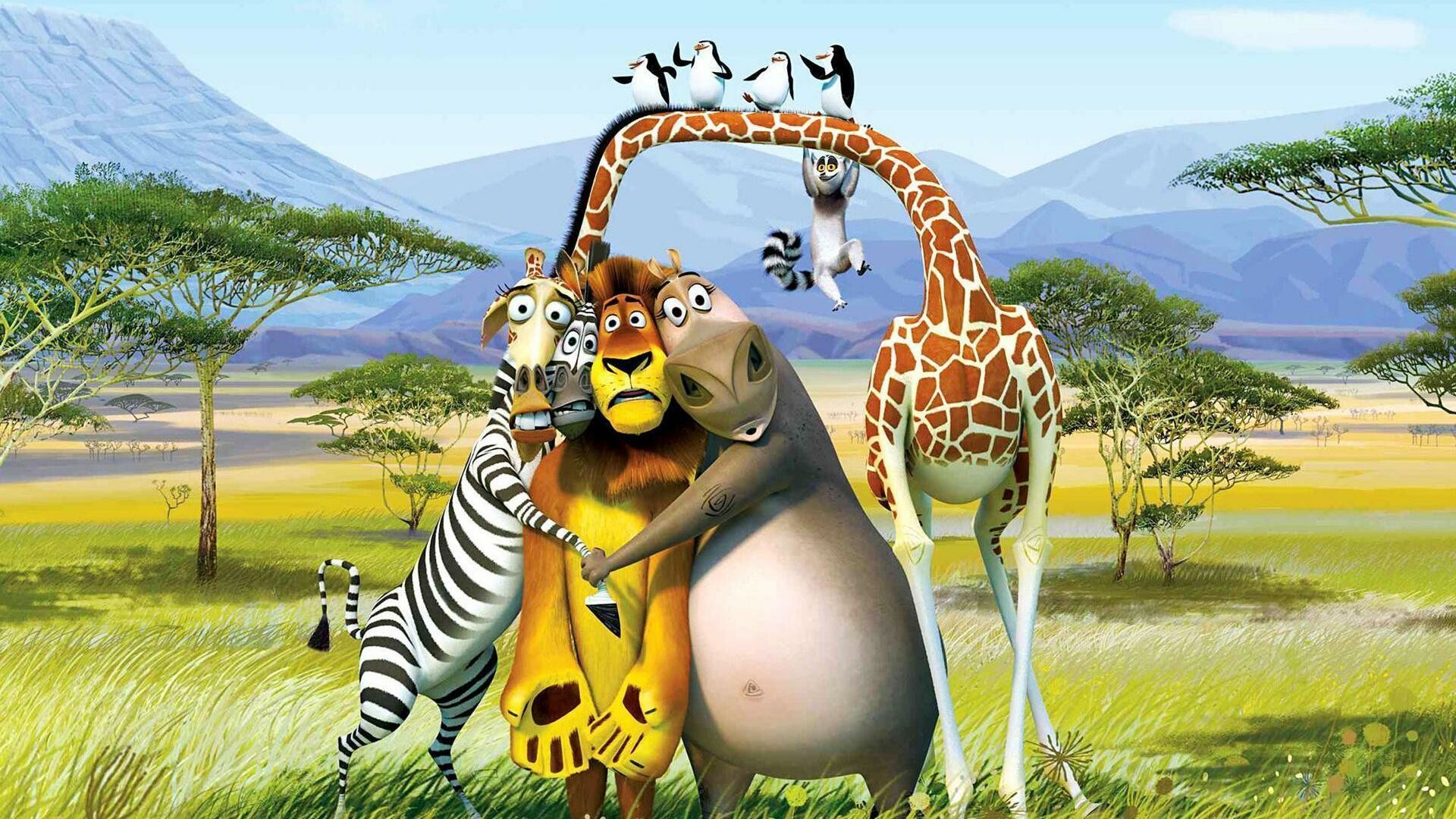 Madagascar (Movie): The adventures of the zoo animals, Lion, Zebra, Giraffe, Hippo. 1920x1080 Full HD Background.