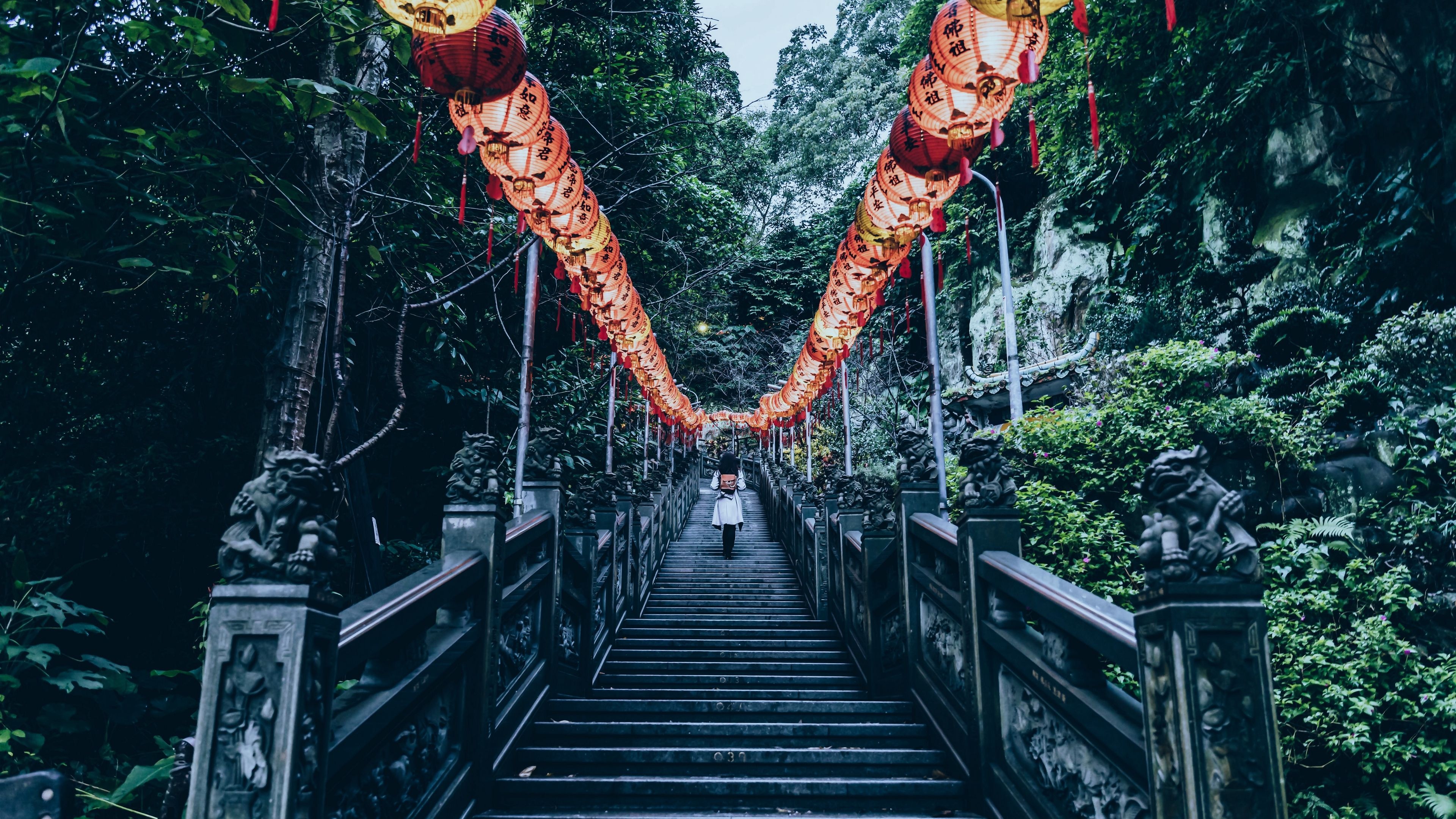 Stairs, Chinese lanterns, Climb trees, Nature wallpaper, 3840x2160 4K Desktop