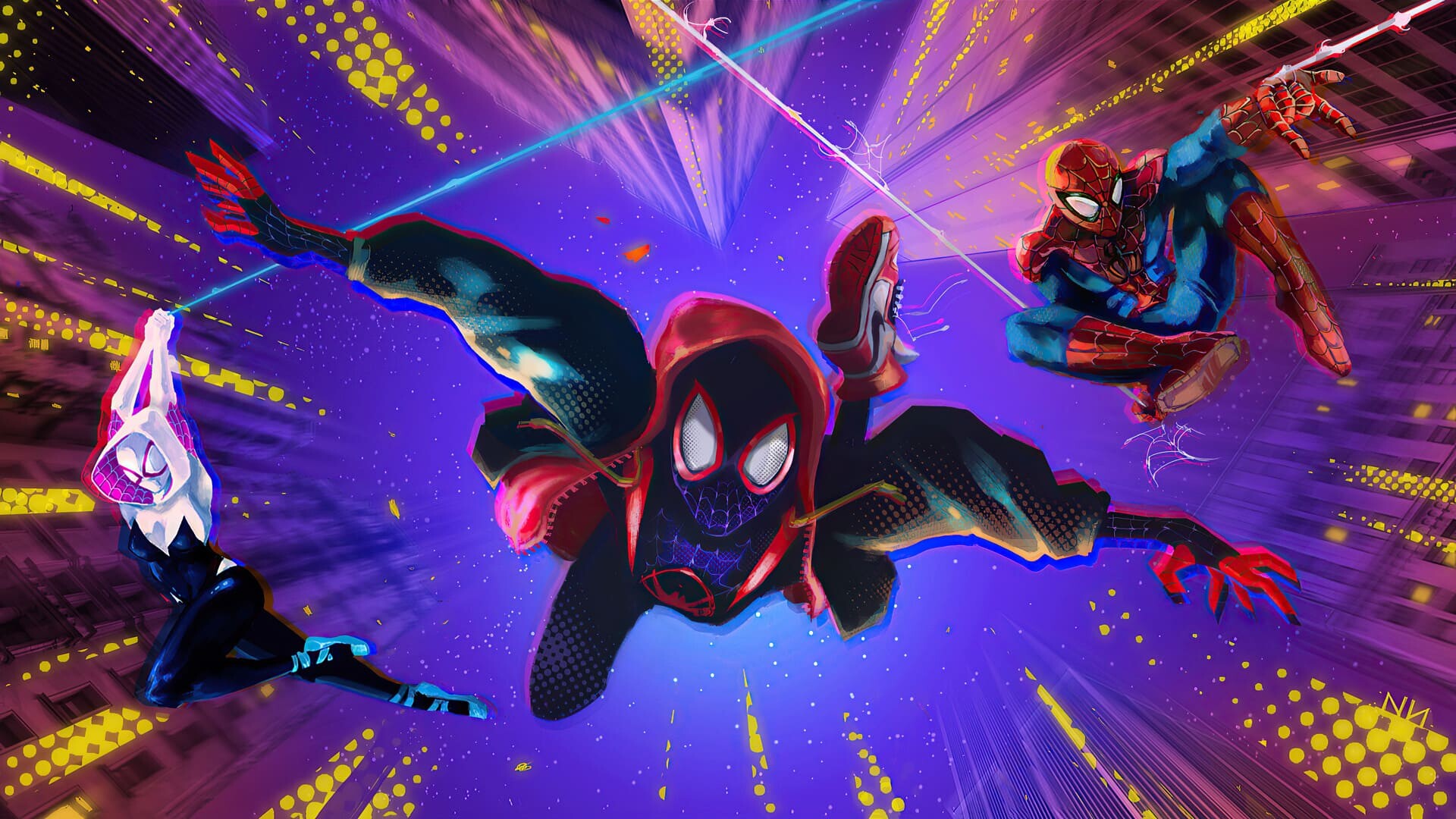 Spider-Man: Into the Spider-Verse: Miles Morales, Peter B. Parker, Gwen Stacy. 1920x1080 Full HD Background.