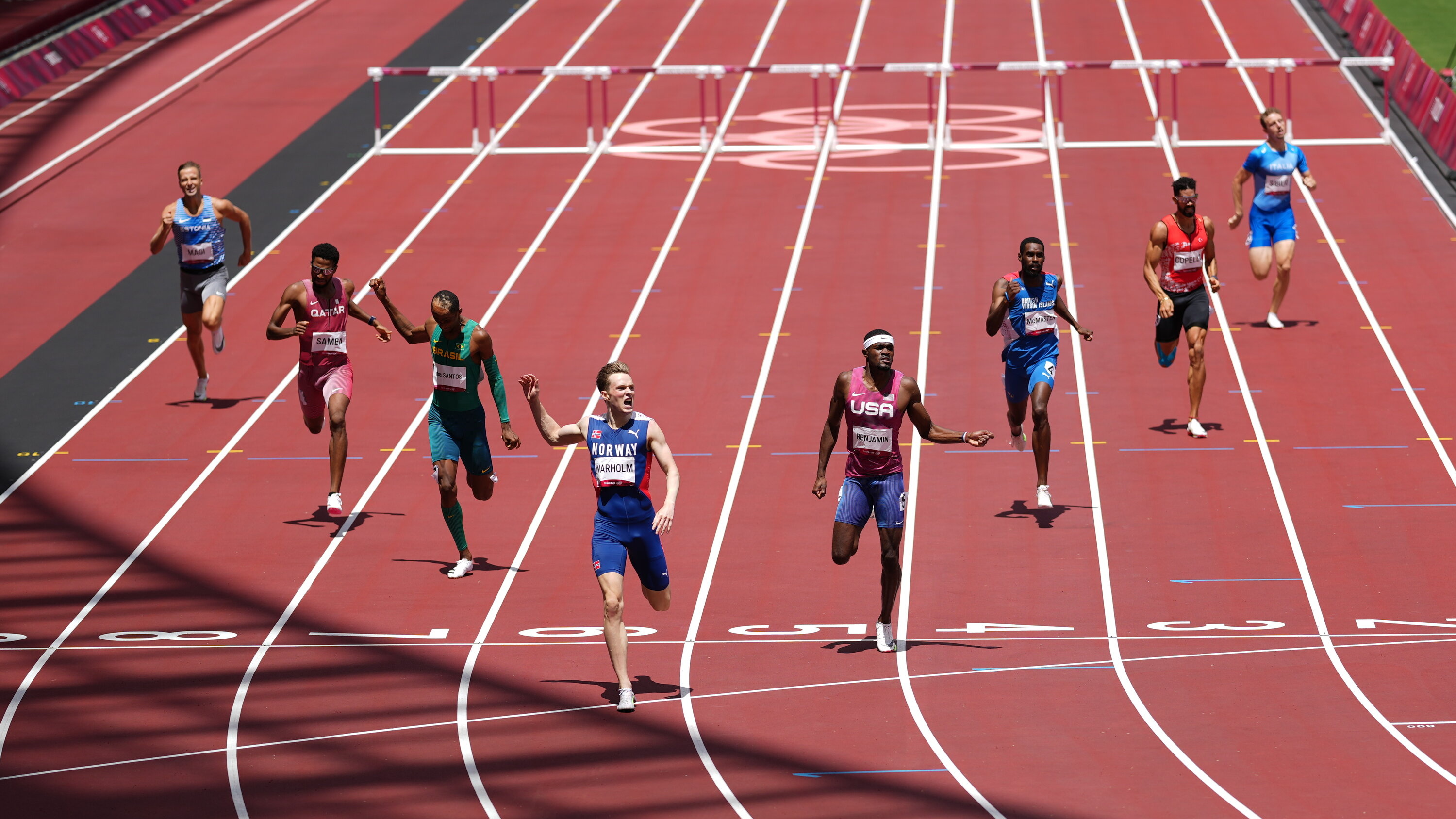 Hurdling: Karsten Warholm, Rai Benjamin, 400 m hurdles, World record, Gold medal. 3000x1690 HD Background.