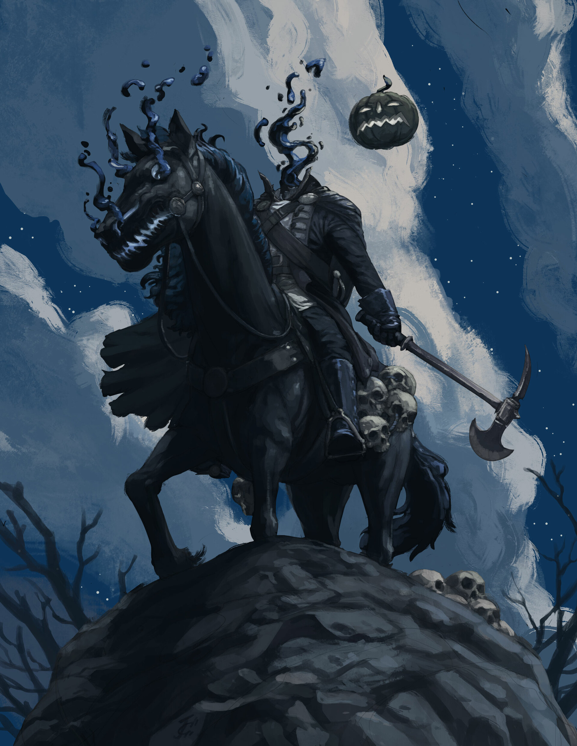 Headless Horseman, Halloween 2019, Artstation artwork, Nightmarish creature, 1920x2490 HD Phone
