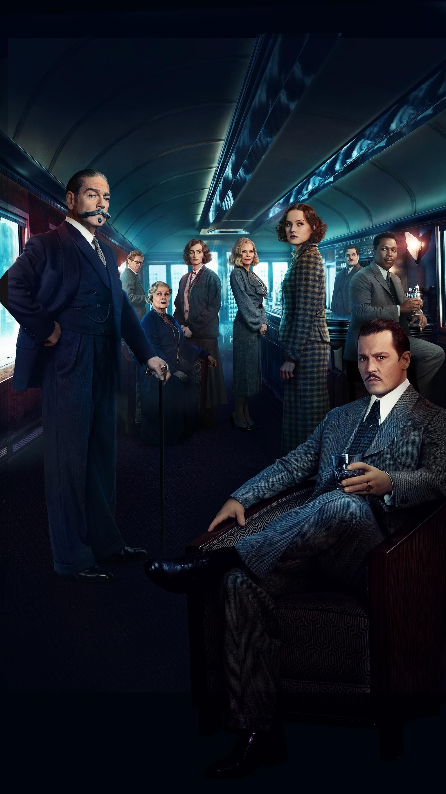 Kenneth Branagh: Tom Bateman, Johnny Depp, Hercule Poirot, Josh Gad, Murder on the Orient Express. 1540x2740 HD Wallpaper.