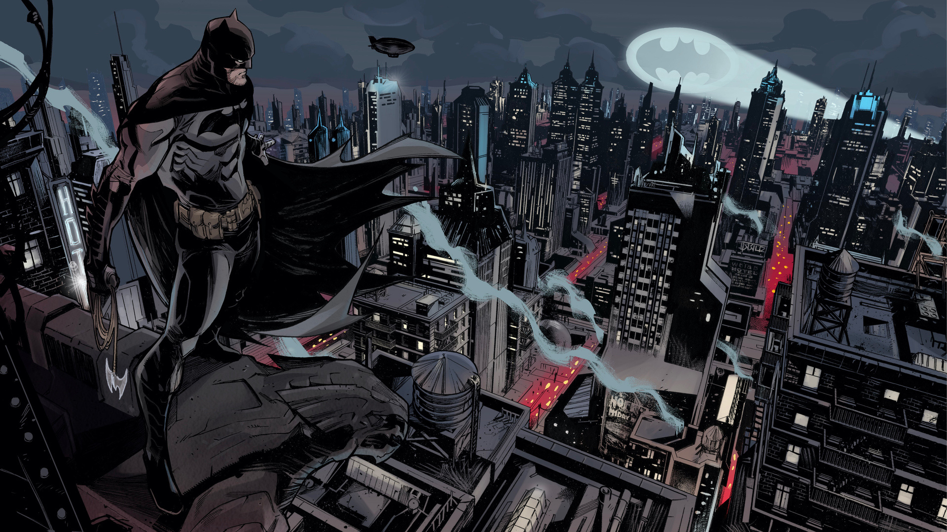 Bat-signal over Gotham, Comic noir aesthetic, City's saviour, Iconic Batman, DC Comics, 1920x1080 Full HD Desktop