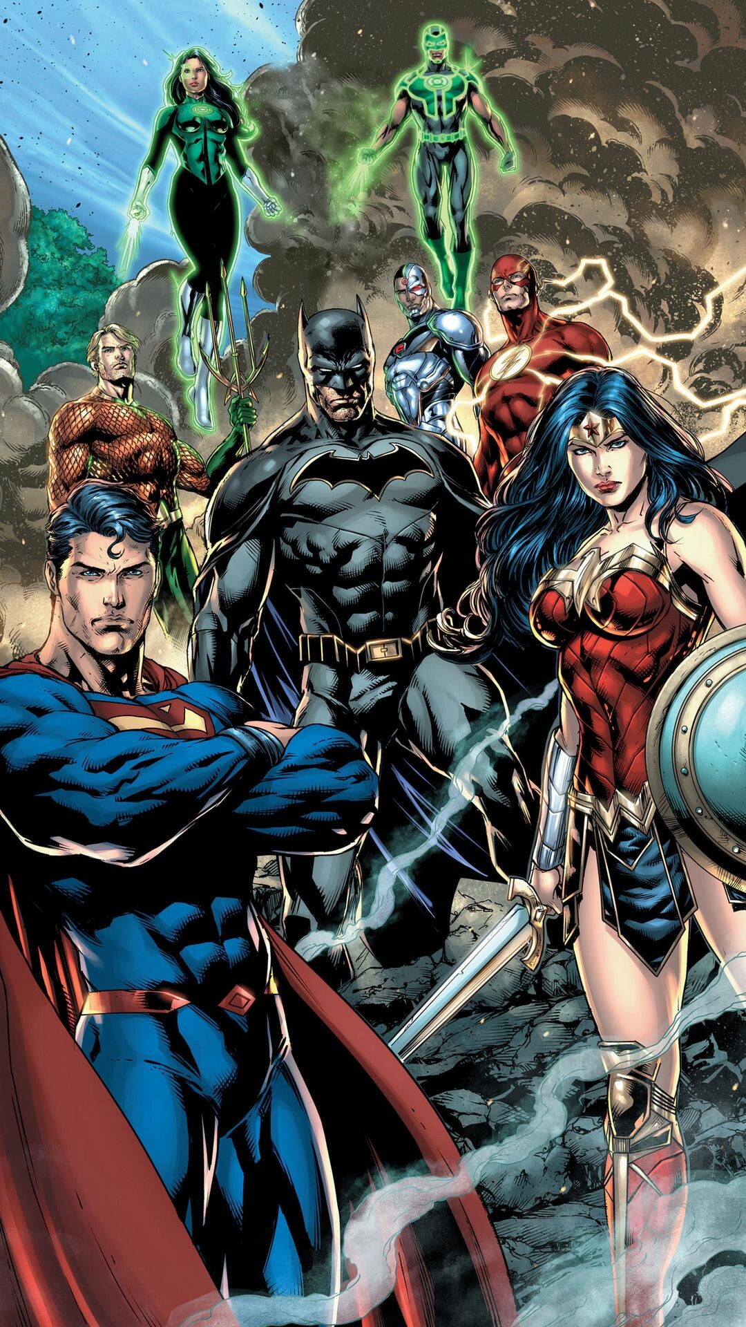 DC: Justice League, Batman, Wonder Woman, Flash, Aquaman, Cyborg, Superman, Green Lantern. 1080x1920 Full HD Wallpaper.