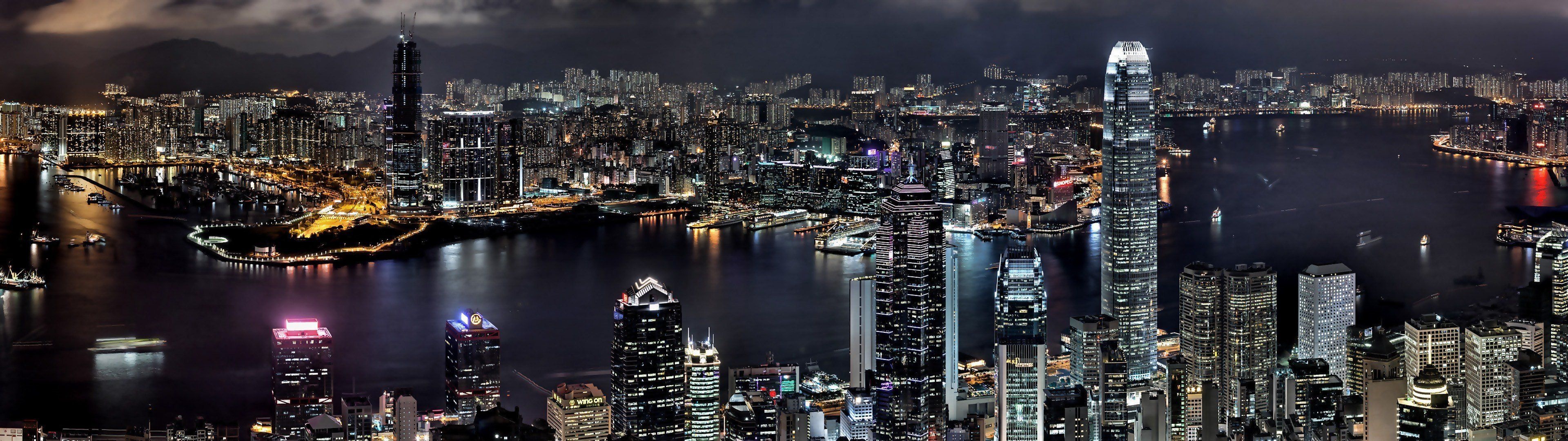City: Hong Kong at night, International Commerce Centre, Two International Finance Centre, Special region in China. 3840x1080 Dual Screen Background.
