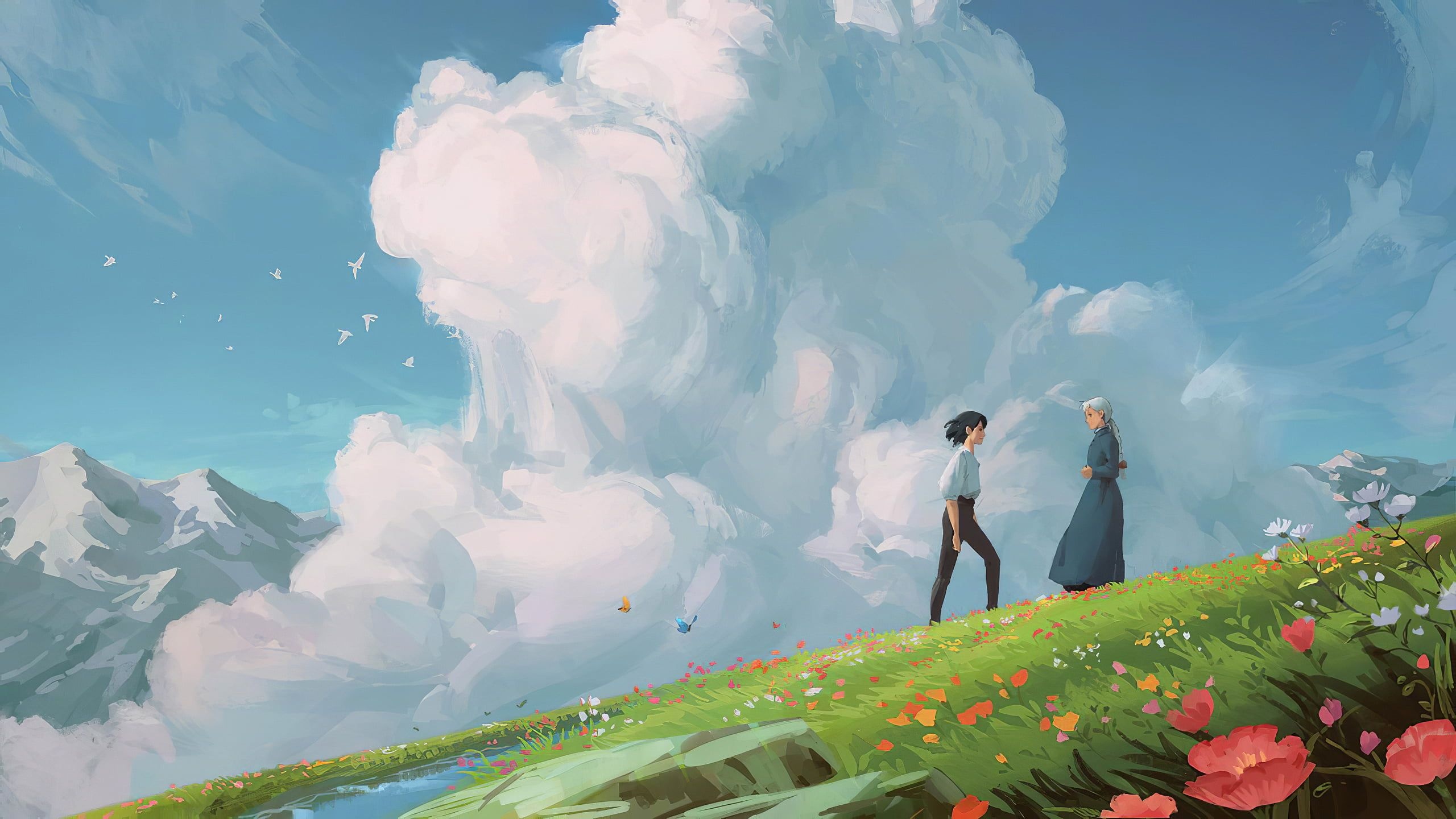 Howl's Moving Castle, Studio Ghibli Art, Fantasy Clouds, Daylight Beauty, 2560x1440 HD Desktop