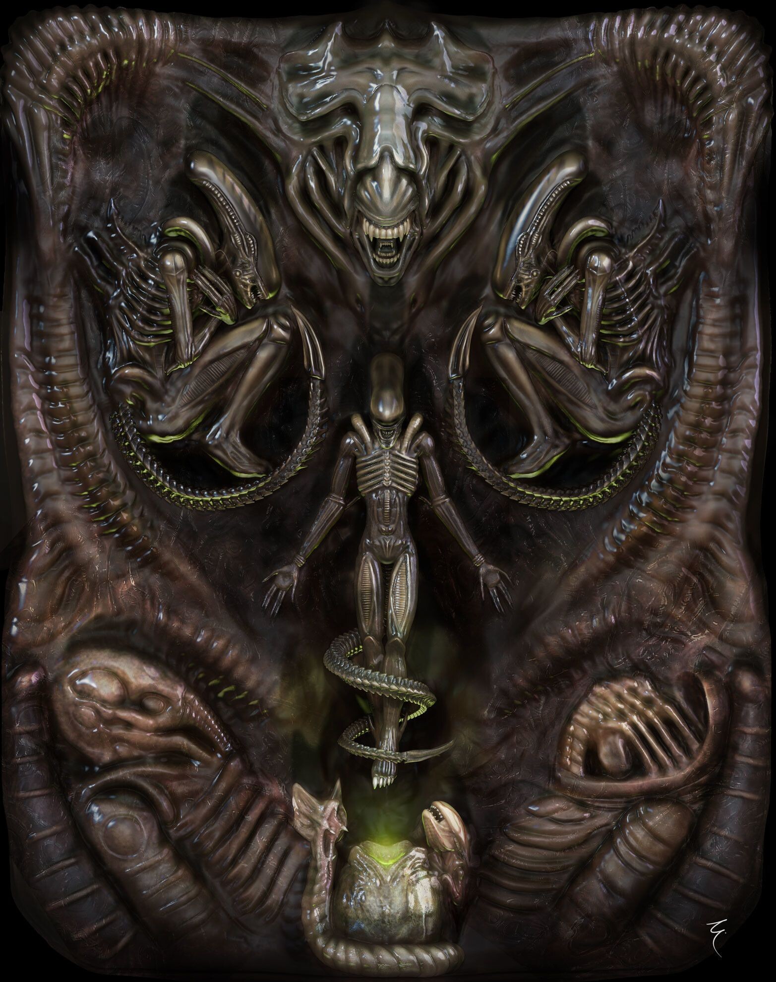 H.R. Giger: Aliens Hive, The Queen Of The Hive, Life Circle Of Xenomorphs. 1570x1980 HD Background.