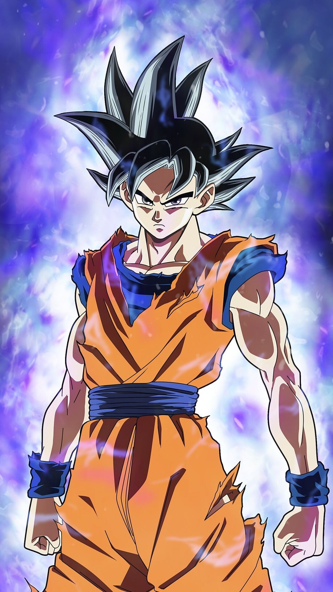 Goku: Ultra Instinct, The dark hair raised slightly, The crystalline aura. 1080x1920 Full HD Wallpaper.