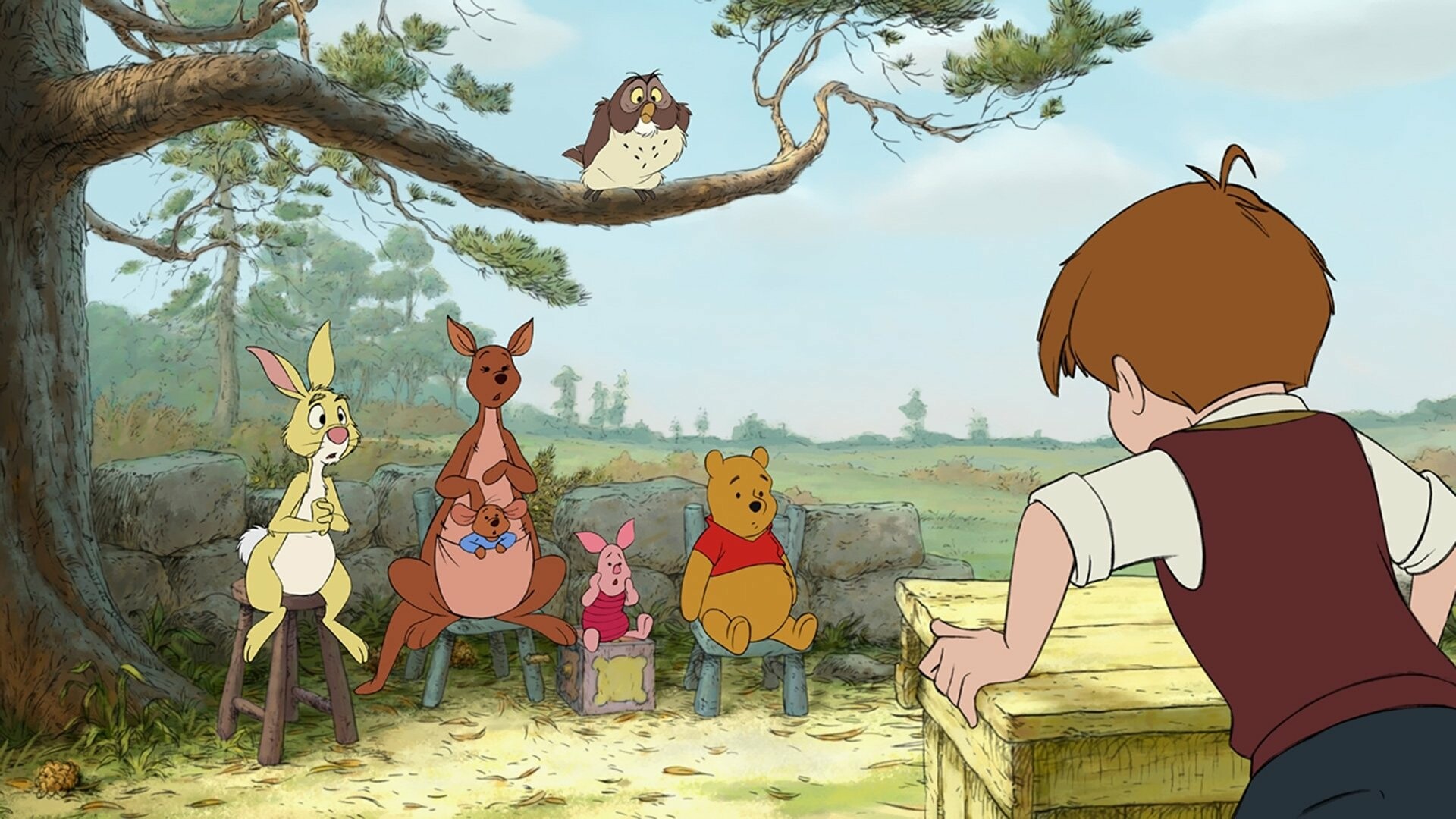 The Many Adventures of Winnie the Pooh: Sebastian Cabot narrates the adventures of a bumbling bear as he battles a nest of vicious bees over a trove of honey, weathers a terrible wind storm, and endures the foibles of the hyperactive tiger Tigger. 1920x1080 Full HD Background.