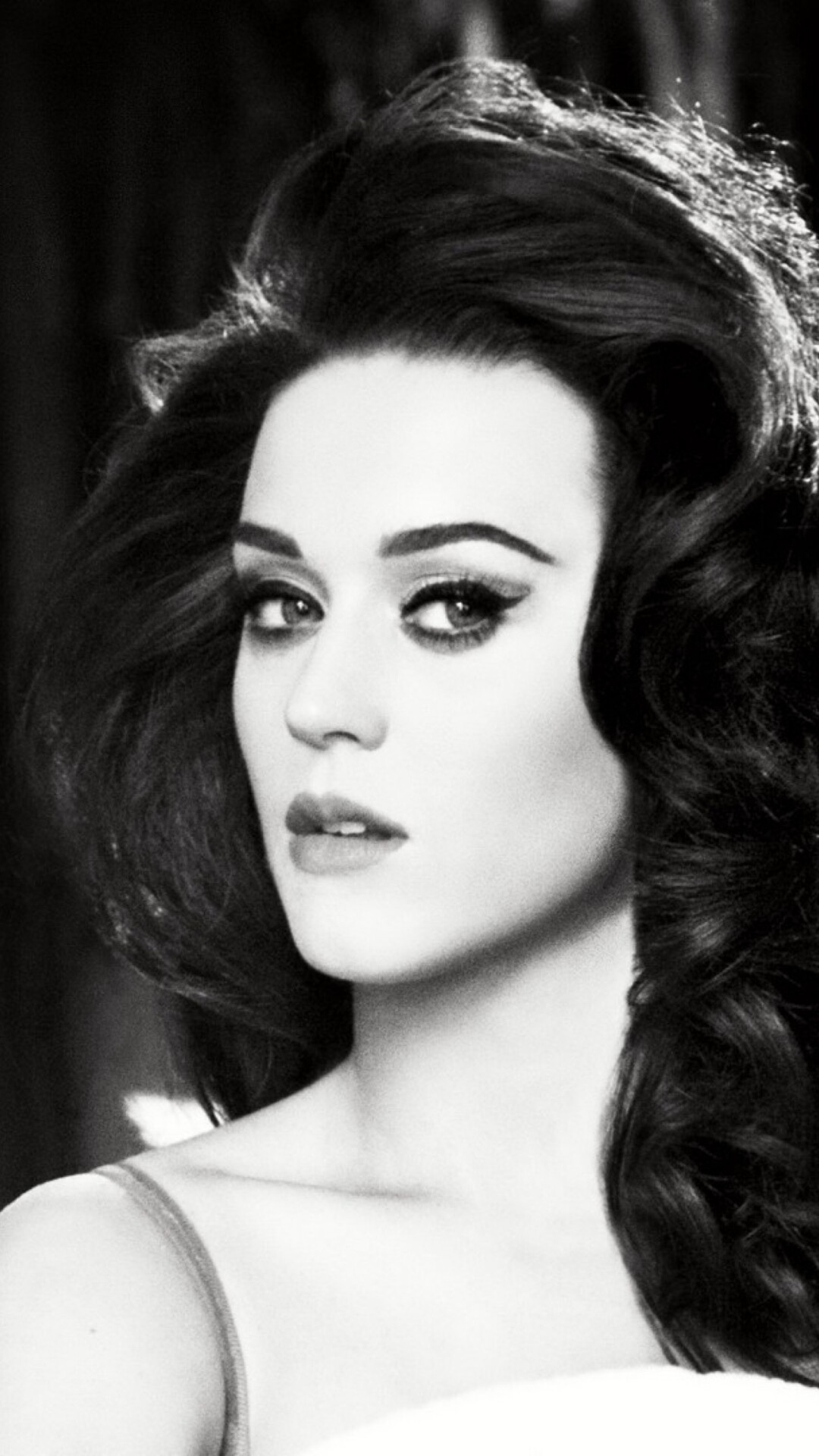 Katy Perry: Black and white, Released her first single with Capitol, "I Kissed a Girl", on April 28, 2008. 1080x1920 Full HD Background.