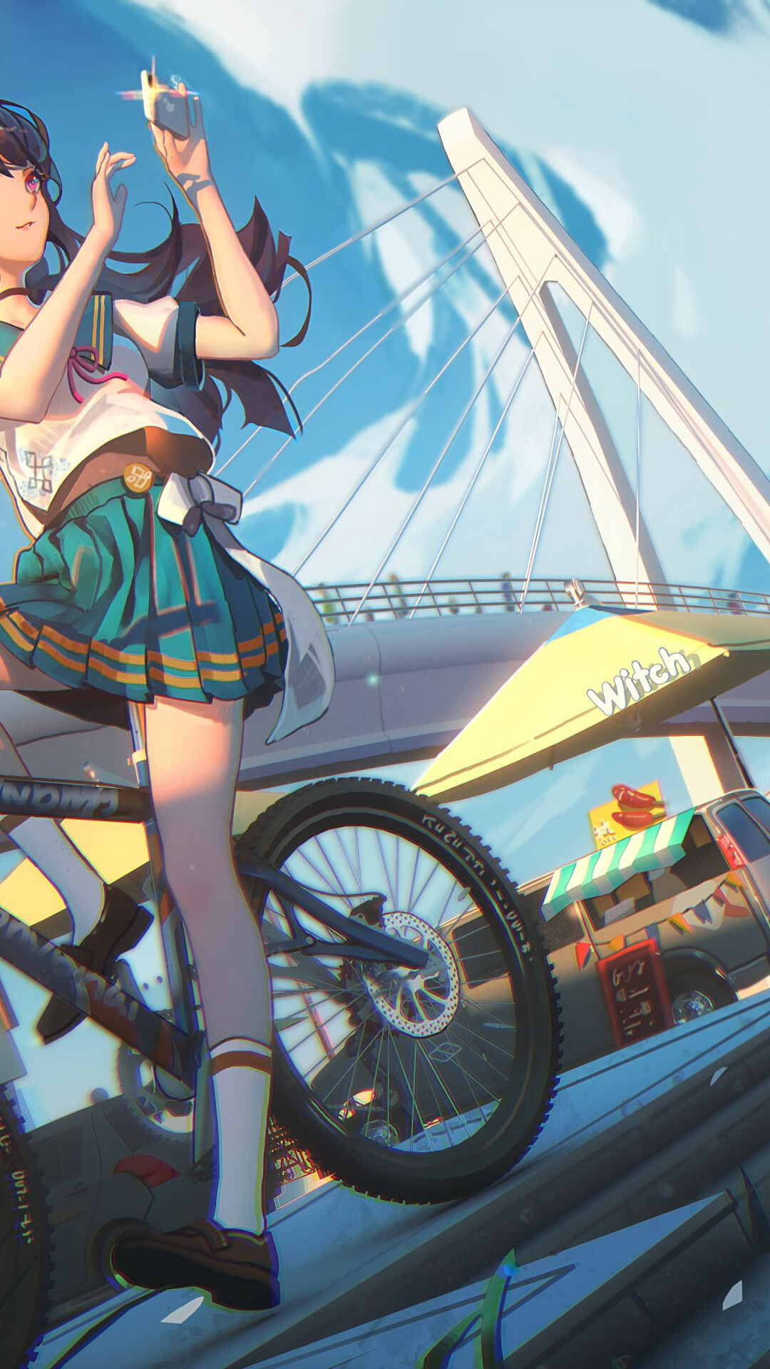 Girl and Bike: Anime girl character, Taking pictures, Riding a bicycle around the city. 1080x1920 Full HD Wallpaper.